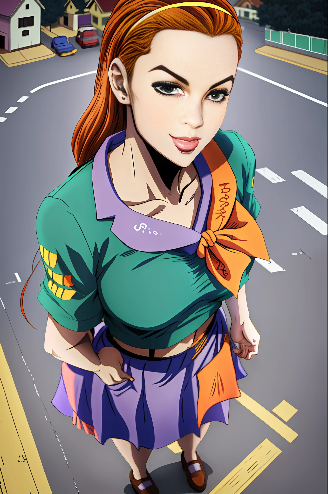 Obra-prima, melhor qualidade, 1Girl, Solo, Gigante, Gigante, (((Towering You)))), (Full Body), Absurdres, ((solo)), 1Girl, Hairband, Medium Small Breasts, Parted Lips, Smile, Serafuku, Green Shirt, Short Sleeves, Purple Neckerchief, (Streets, Outdoors, Orange Sky), Araki Hirohiko (Artstyle), Diamond Wa Kudakenai, Parte Superior do Corpo, Retrato
