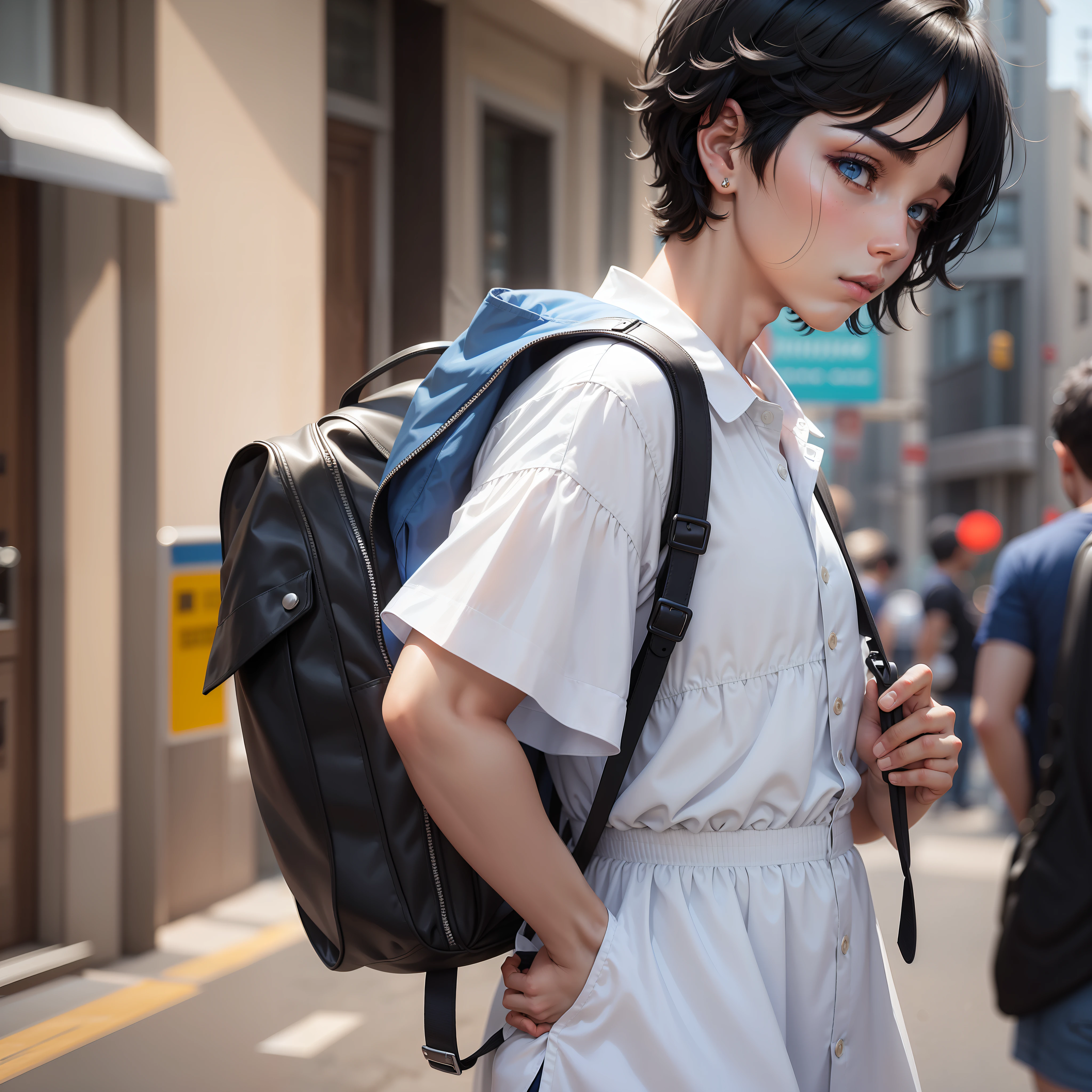 A man, short hair, black hair, white skin, blue shirt dress, blue shorts dress, black backpack on the back
