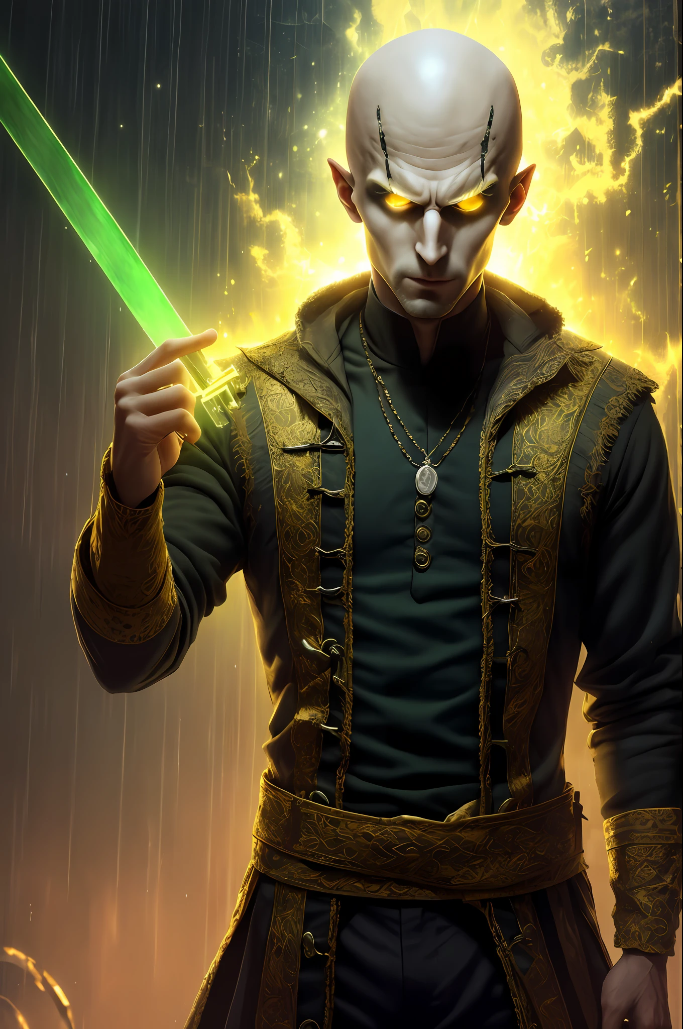 (extremely detailed 8K wallpaper), an average photo of a fearful, complex, highly detailed, dramatic necromancer, Bald boy, baldi, Baldi's Basics in Education and Learning, 8k, best quality, green sweater, human body, human eye, rain, 1boy, light, beige skin, 23 years old, no hair, naughty look, dark, deluge, yellow ruler in his right hand, black night, look towards us, skin normal color, human, teacher, yellow ruler, beige skin, masterpiece