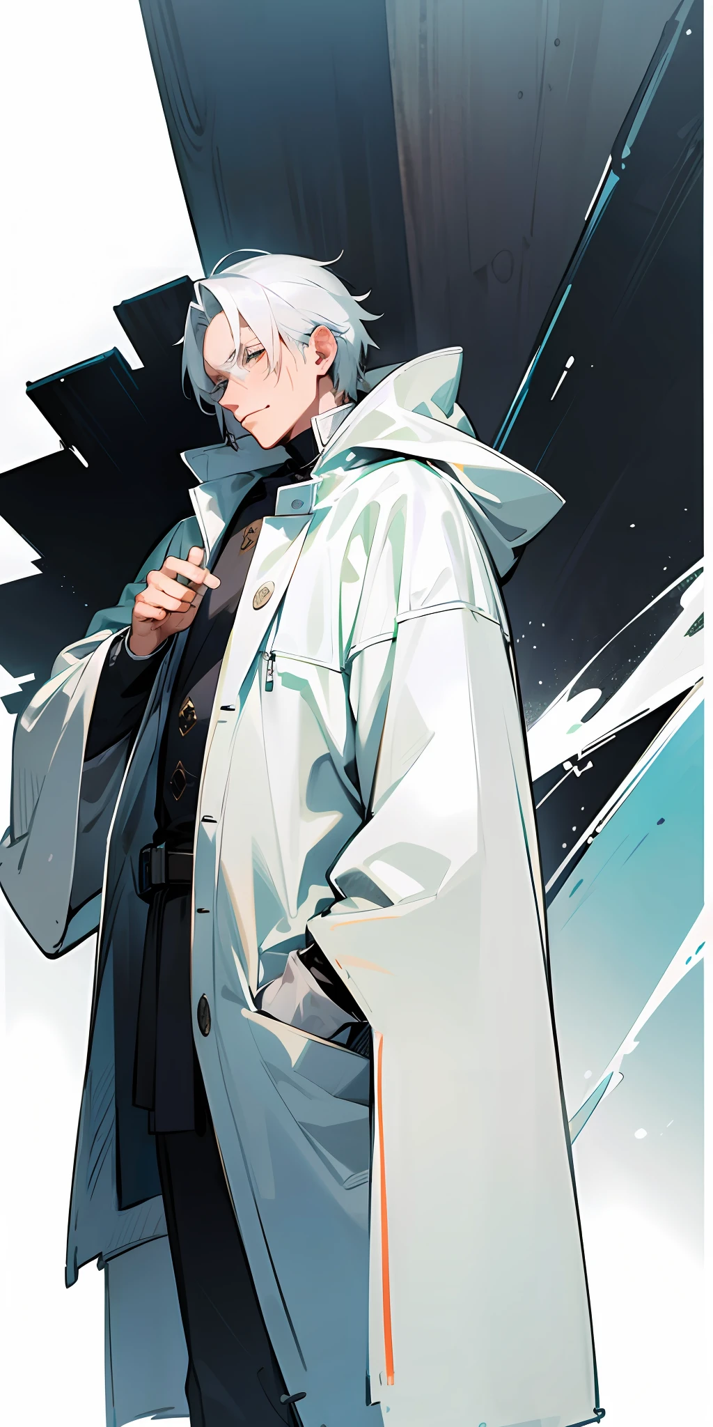 Masterpiece, best details, great quality, ecchi style, man with tired and gray eyes, white hair, winter clothes
