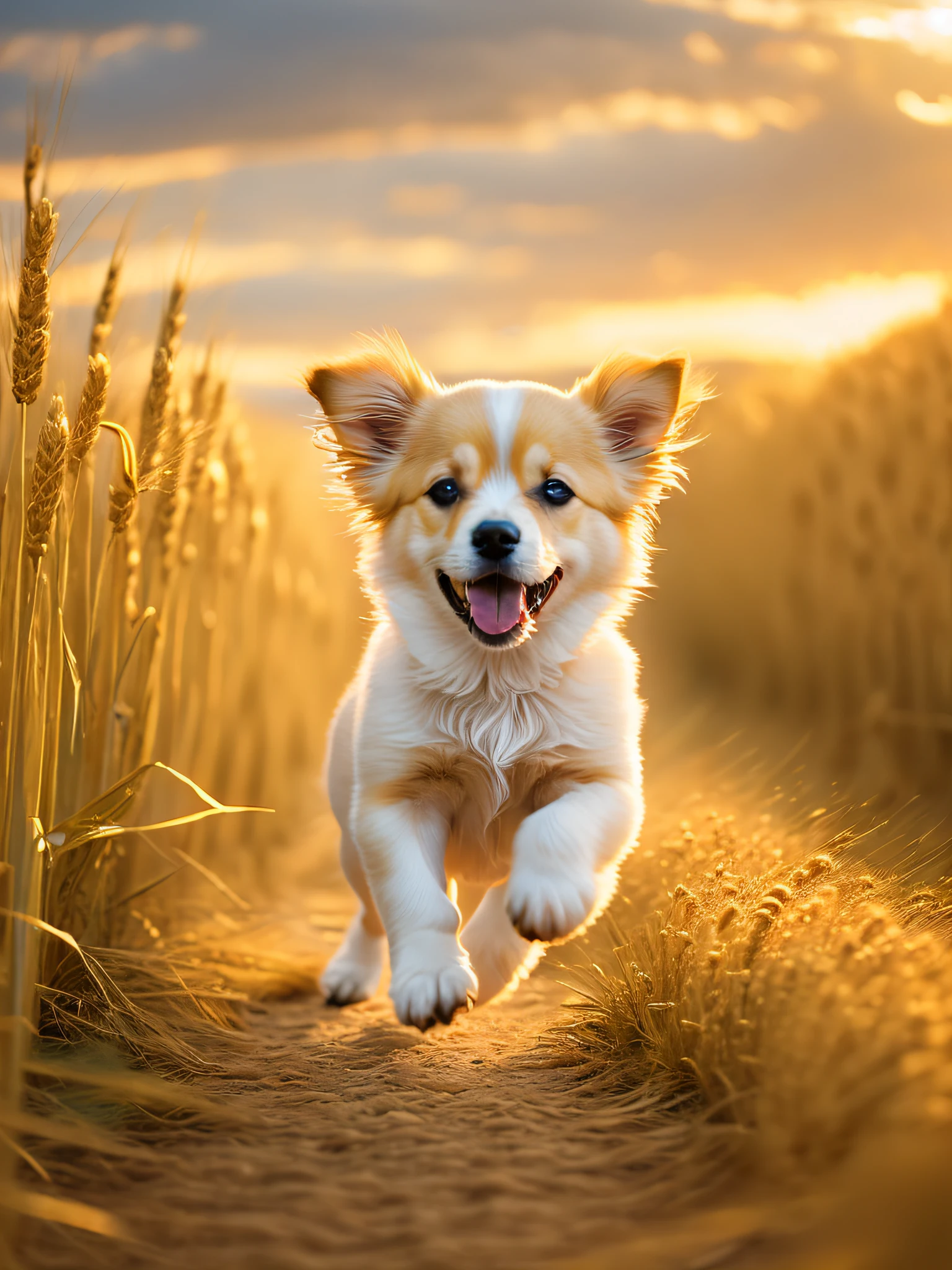 Photo of a very cute puppy running in a golden wheat field, facing the camera, showing his tongue and smiling, sunset sky, white clouds, soft volumetric light, (backlight: 1.3), (movie: 1.2), intricate details, (ArtStation: 1.3), Rutkowski