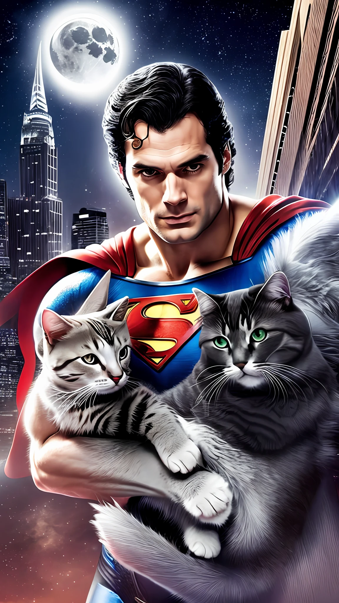 a realistic photo of superman holding a cat, moon light, dark sky, celebrity photography, henry cavill, flying --auto --s2