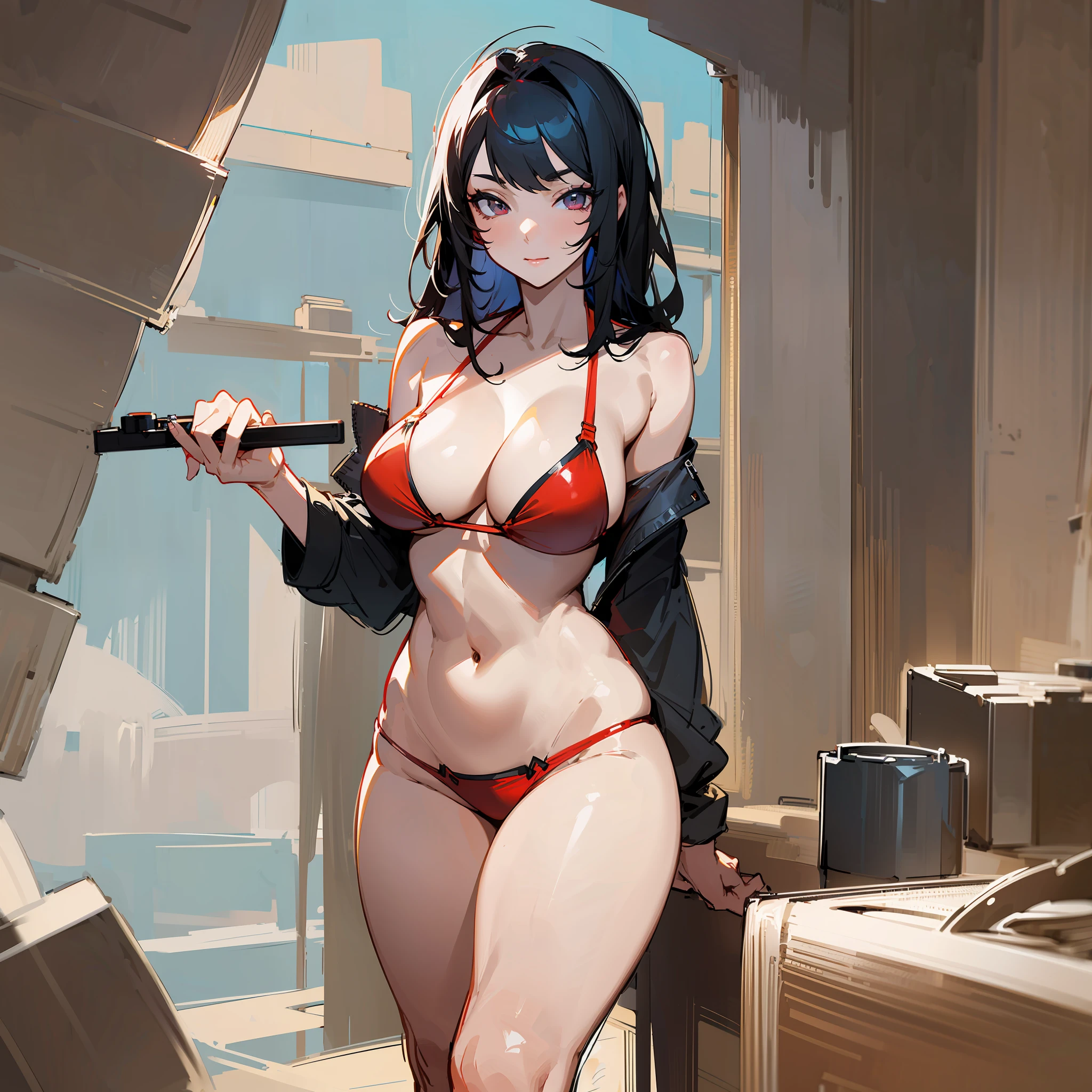 Masterpiece, high quality, Sexy woman, sexy pose, 1:3 large breasts, drawing style, thick strokes, marked stroke, camera up to knee height, black hair, red bikini, detailed eyes --auto --s2
