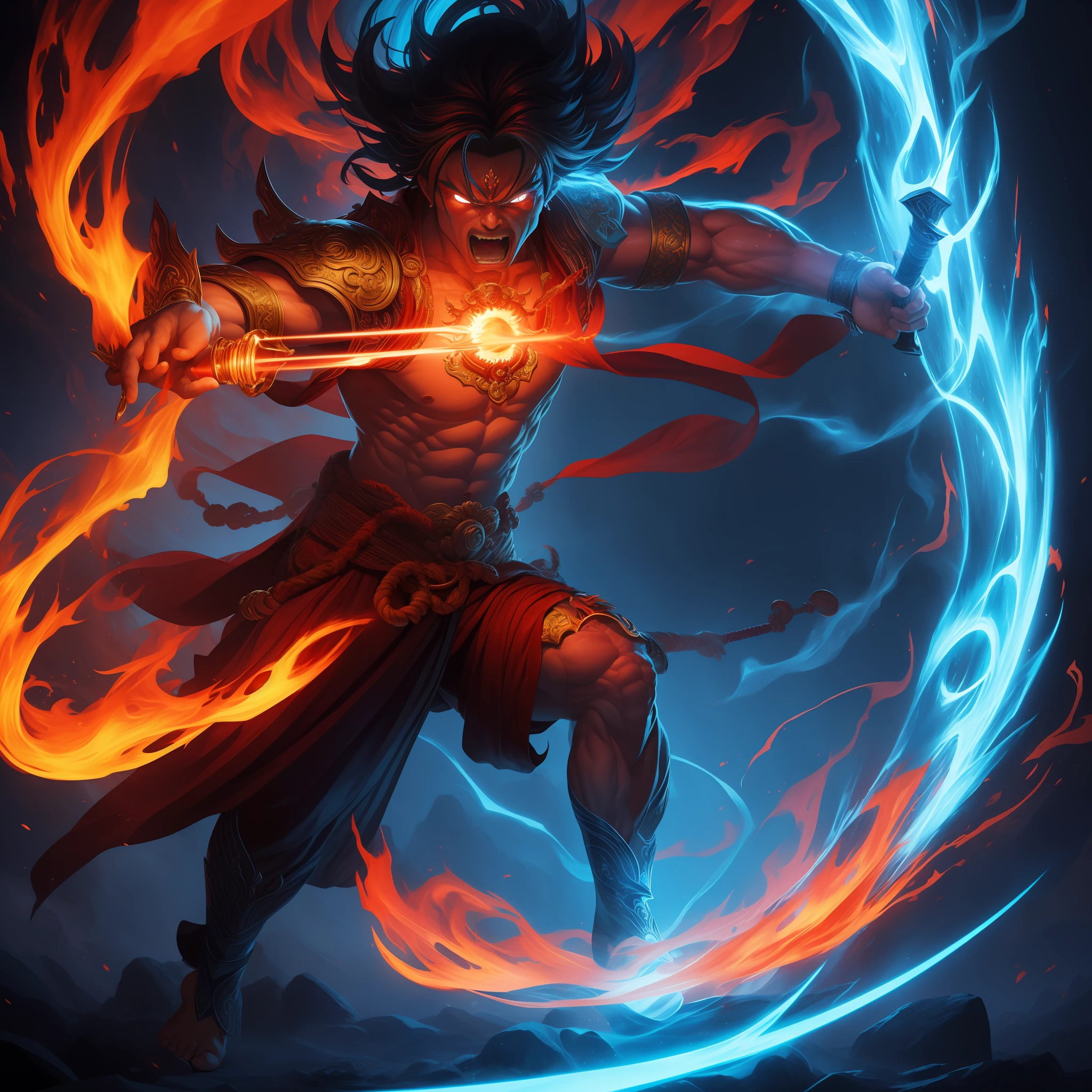 (masterpiece, top quality: 1.2), super detailed, cinematic lighting, HDR, dancing Fudo Meioh, Fudo Myoo, full body, lasso, sword, bright red flame burning behind, bluish skin, terrifying figure, anger, impressive, fun, dynamic pose, dynamic angle,