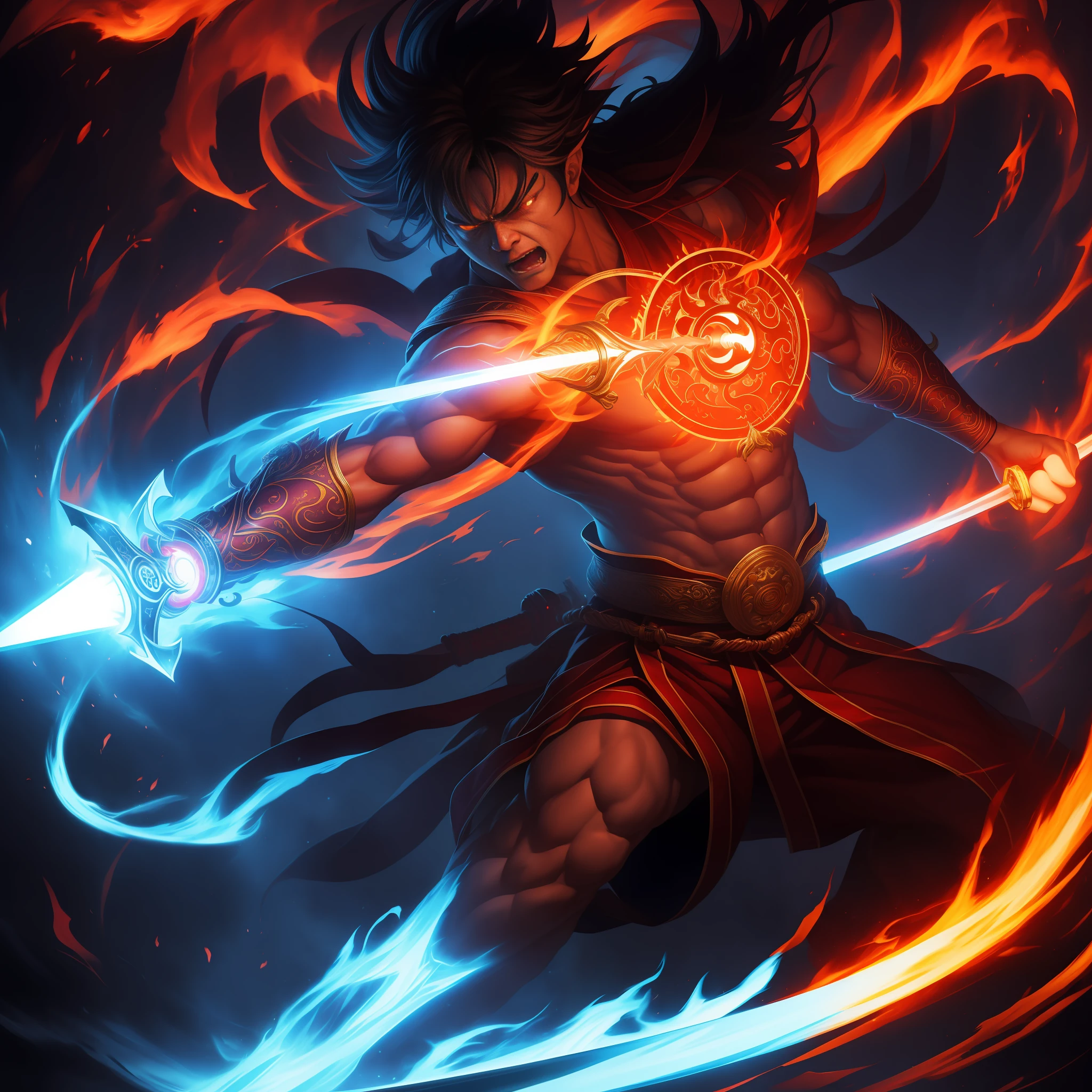 (masterpiece, top quality: 1.2), super detailed, cinematic lighting, HDR, dancing Fudo Meioh, Fudo Myoo, full body, lasso, sword, bright red flame burning behind, bluish skin, terrifying figure, anger, impressive, fun, dynamic pose, dynamic angle,