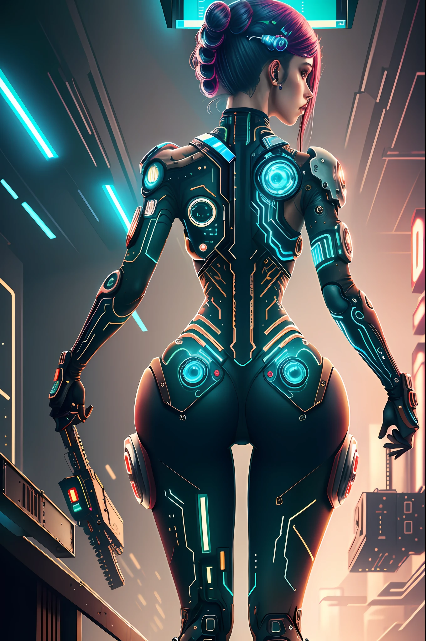 from behind, CircuitBoardAI cute girl, scifi, ultra high res, masterpiece, best quality, ultra hd, ultra detailed, (cyborg:1.1), (revealing clothes:1.1), (glasstech:0.9), (cyberpunk:1.2), (professional lighting:1.1)