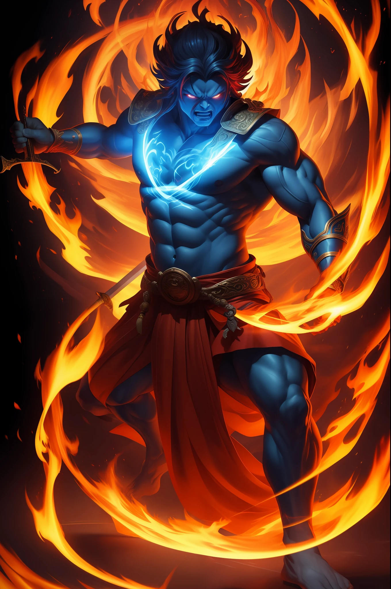(masterpiece, top quality: 1.2), super detailed, cinematic lighting, HDR, dancing Fudo Meioh, Fudo Myoo, full body, lasso, sword, bright red flame burning behind, bluish skin, terrifying figure, anger, impressive, fun, dynamic pose, dynamic angle,