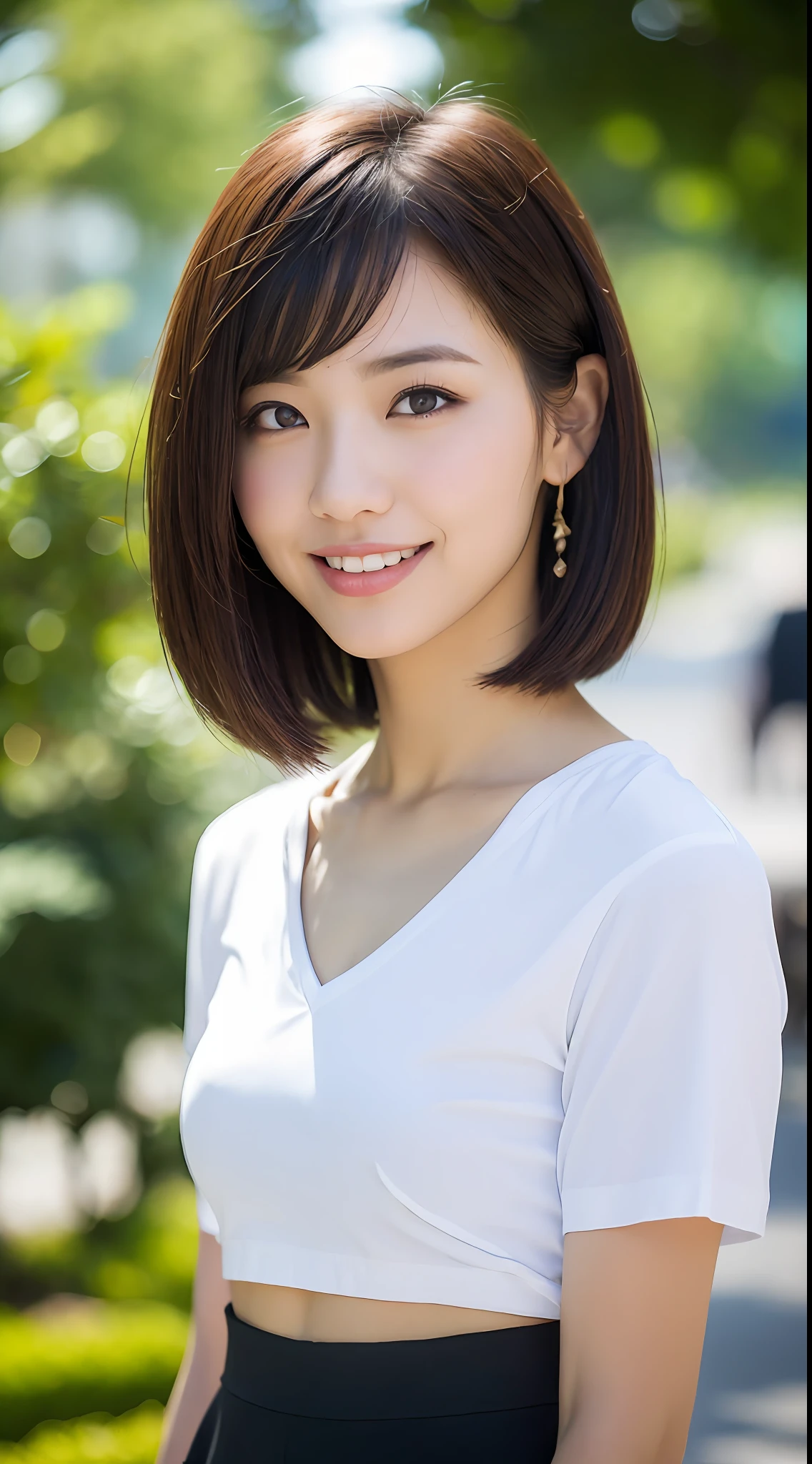 ((Top Quality, 8k, Masterpiece: 1.3)), Sharp Focus: 1.2, Perfect Body Shape: 1.4, Slender Abs: 1.2, (Layered Haircut), (White T-Shirt: 2.0), (Walk: 1.8), (Street: 1.2), Highly Detailed Face and Skin Texture, Detailed Eyes, Double Eyelids, Smile, Background Bokeh,