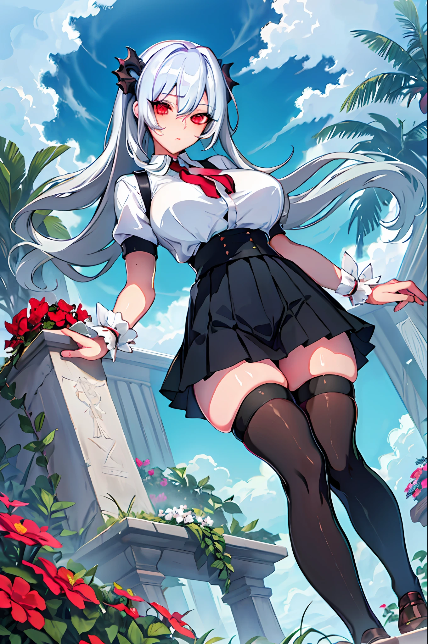 masterpiece, best quality, high_resolution, fine details, very detailed and beautiful, distinct_image, 1 girl, solo, from below, silver hair, red eyes, dragon horns, (huge breasts), (), outdoor, plants, botanical garden, dolphin shorts, back arms,school uniform,miniskirt,thighhigh,kiss