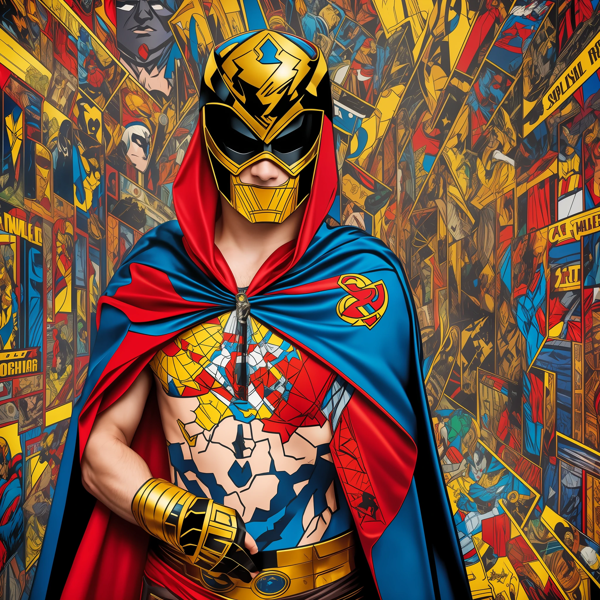 Masterpiece, an adult person dressed as a superhero wearing a mask and cape, in a comic style, as if dressed for a costume ball for children --auto --s2