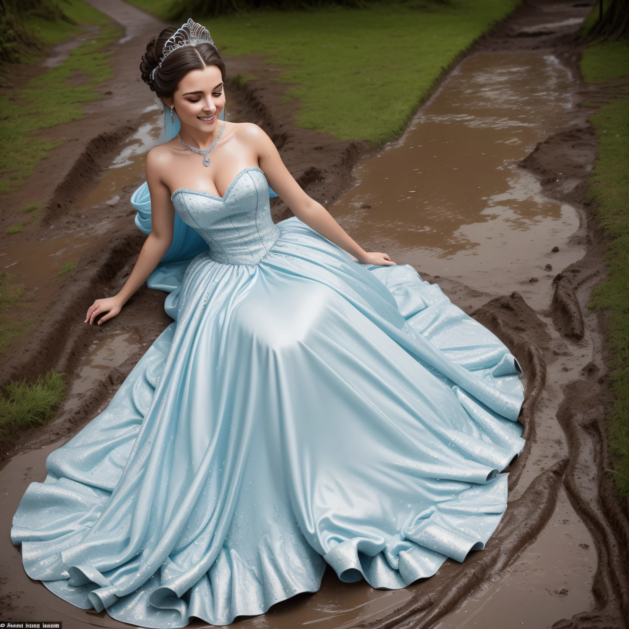 Cinderella eagerly put on the beautiful silver ballgown, slipped on the delicate, long, white gloves and the shimmering silver stilettoss, and placed the sparkling tiara atop her immaculate updo. She also adorned herself with the beautiful jewelry. Once she was fully dressed, Cinderella took a deep breath and dove into the mud with abandon. She rolled around in the thick mud, feeling it squish and squelch against her skin and soak into her gown. Now covered in mud, her gown stained and ruined, Cinderella lay back in the puddle, a happy smile on her face.