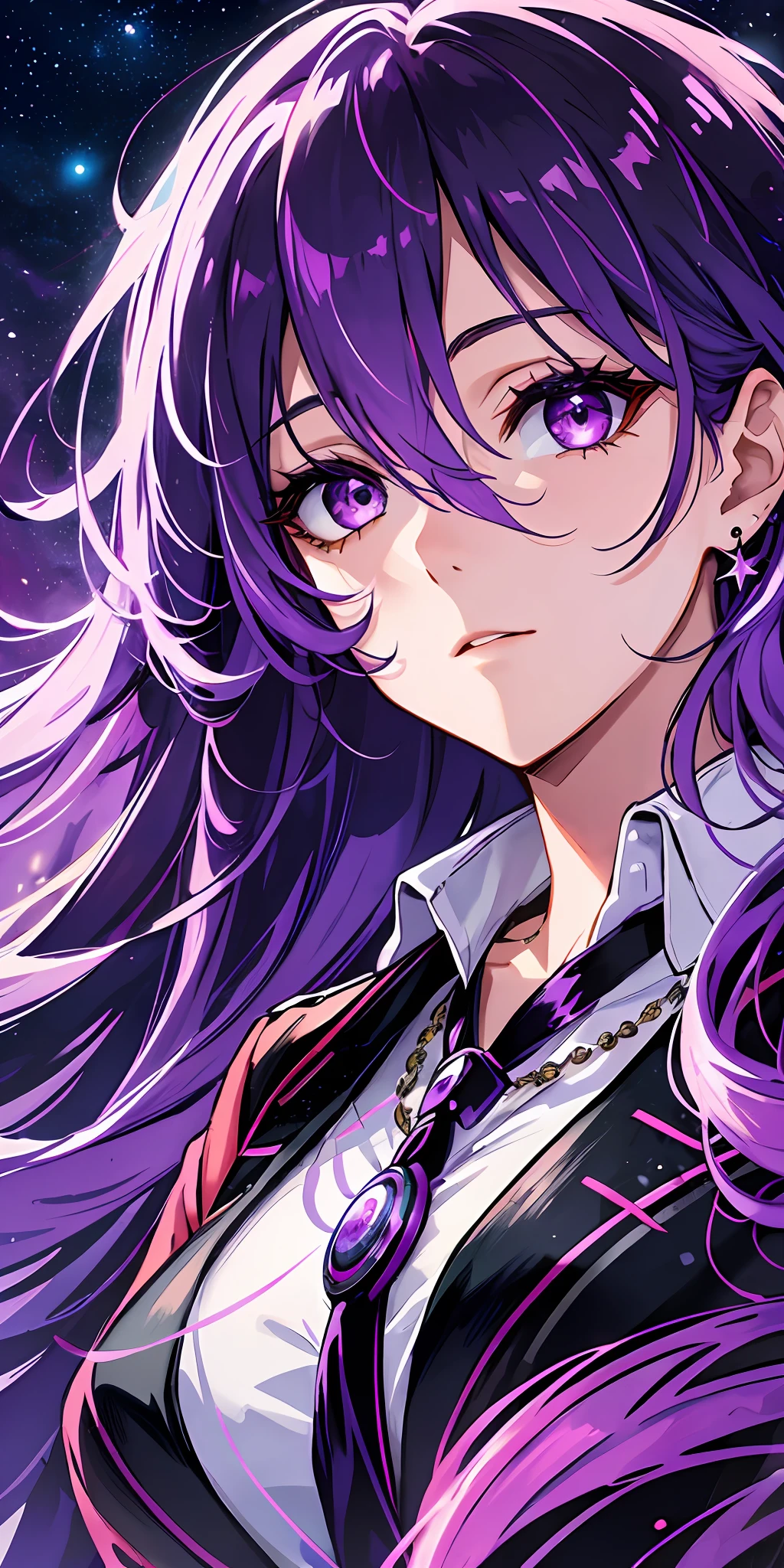 1girl, 20 years old,solo, red moon, moon, long hair, looking at viewer, purple eyes, bangs, upper body, full moon, closed mouth, night, sky, star (sky), purple hair, from side, breasts, looking to the side, night sky, purple hair, starry sky, eyelashes,purple eyes highres, highest quallity, illustration, ultra detailed, (detailed face), (detailed eyes), cinematic lighting, best quality, hyper detailed, masterpiece, fine lines, 1girl, solo, purple hair, purple eyes, black blazer, white shirt, black tie, jewellery, necklace, luminous eyes, medium breasts, light rays, (colorful), upper body, smug, outdoors, concrete wall, industrial