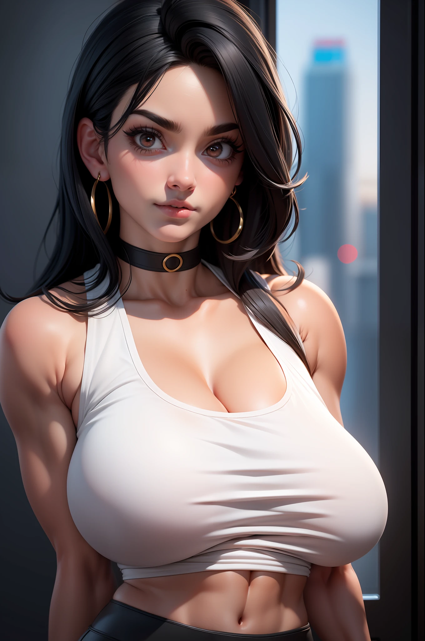 masterpiece, best quality,3d rending work ,3DMM style,close-up, 3D,1girl, solo, black hair, teardropshaped earrings, realistic, upper body, (urban city background), bangs, long straight black hair, parted lips, choker, makeup, (white tank top:1.3), red eyes, tifa lockhart, (huge breasts:1.5) enormous droopy breasts, macromastia, cleavage, exposed stomach, toned abs, toned arms, black miniskirt