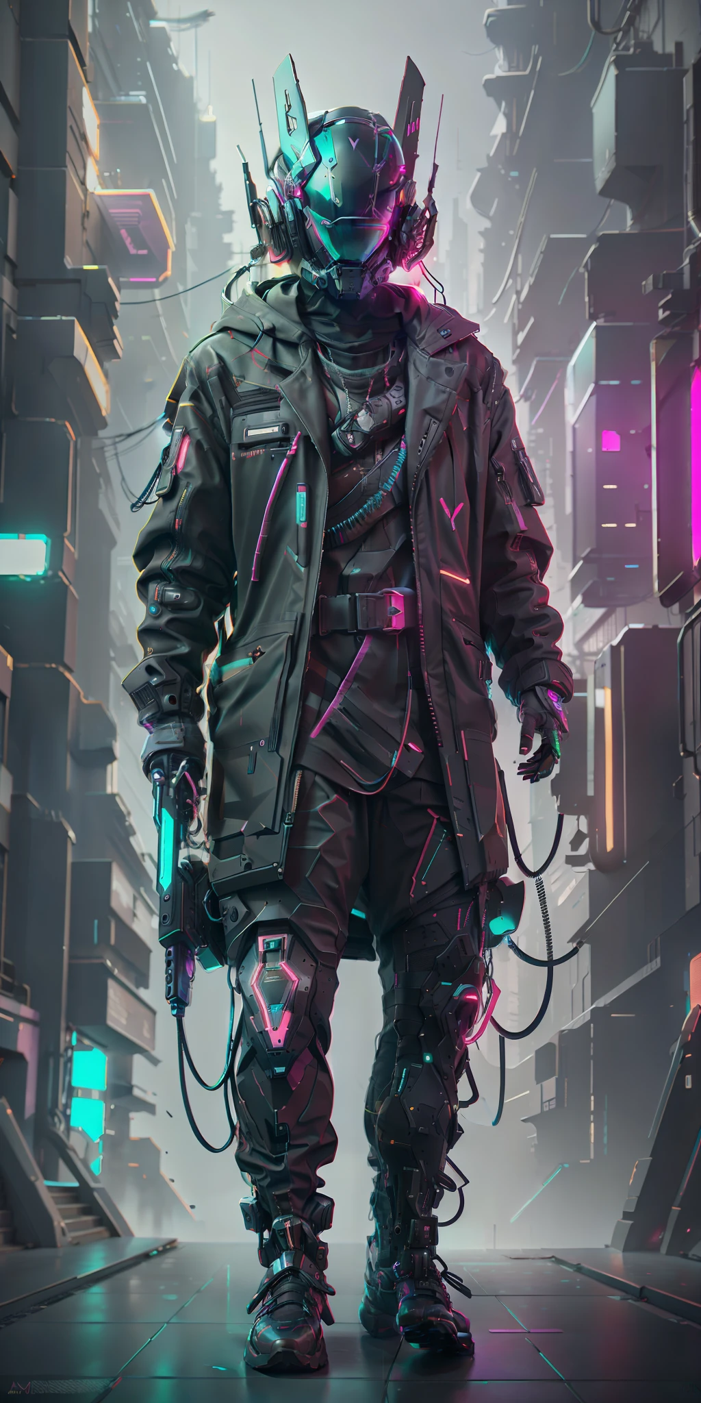 (masterpiece, full-body shot, intrincate raw photography)cyberpunk citizen in oversize techwear, using a black  astro daftpunk style helmet, neon light details, intrincate, futuristic, sharpness, ramdom pose, cyberpunk city, street neon lights, insta pic, photo of the year, octane render, substance, maya 3d, cinema4d, artstation trending, devian art trend,