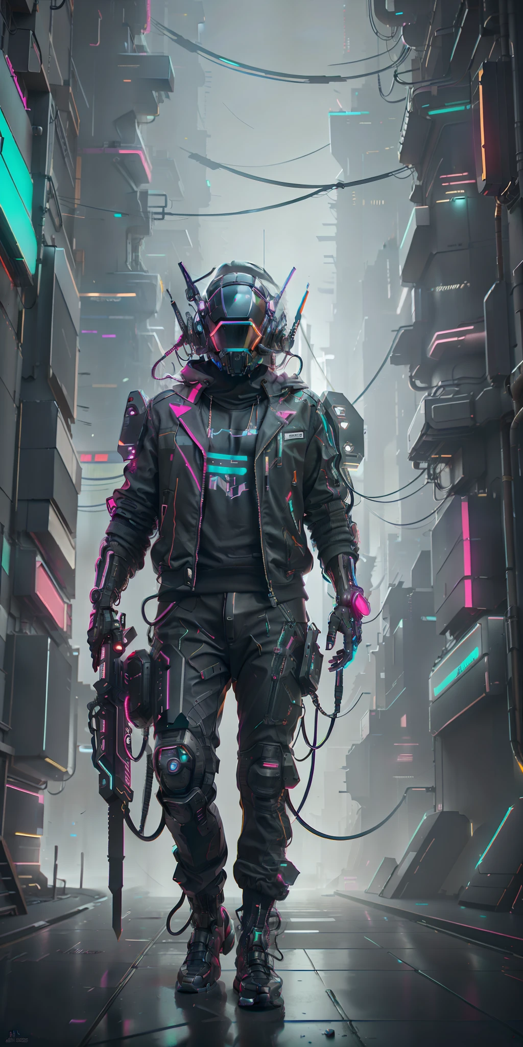 (masterpiece, full-body shot, intrincate raw photography)cyberpunk citizen in oversize techwear, using a black  astro daftpunk style helmet, neon light details, intrincate, futuristic, sharpness, ramdom pose, cyberpunk city, street neon lights, insta pic, photo of the year, octane render, substance, maya 3d, cinema4d, artstation trending, devian art trend,