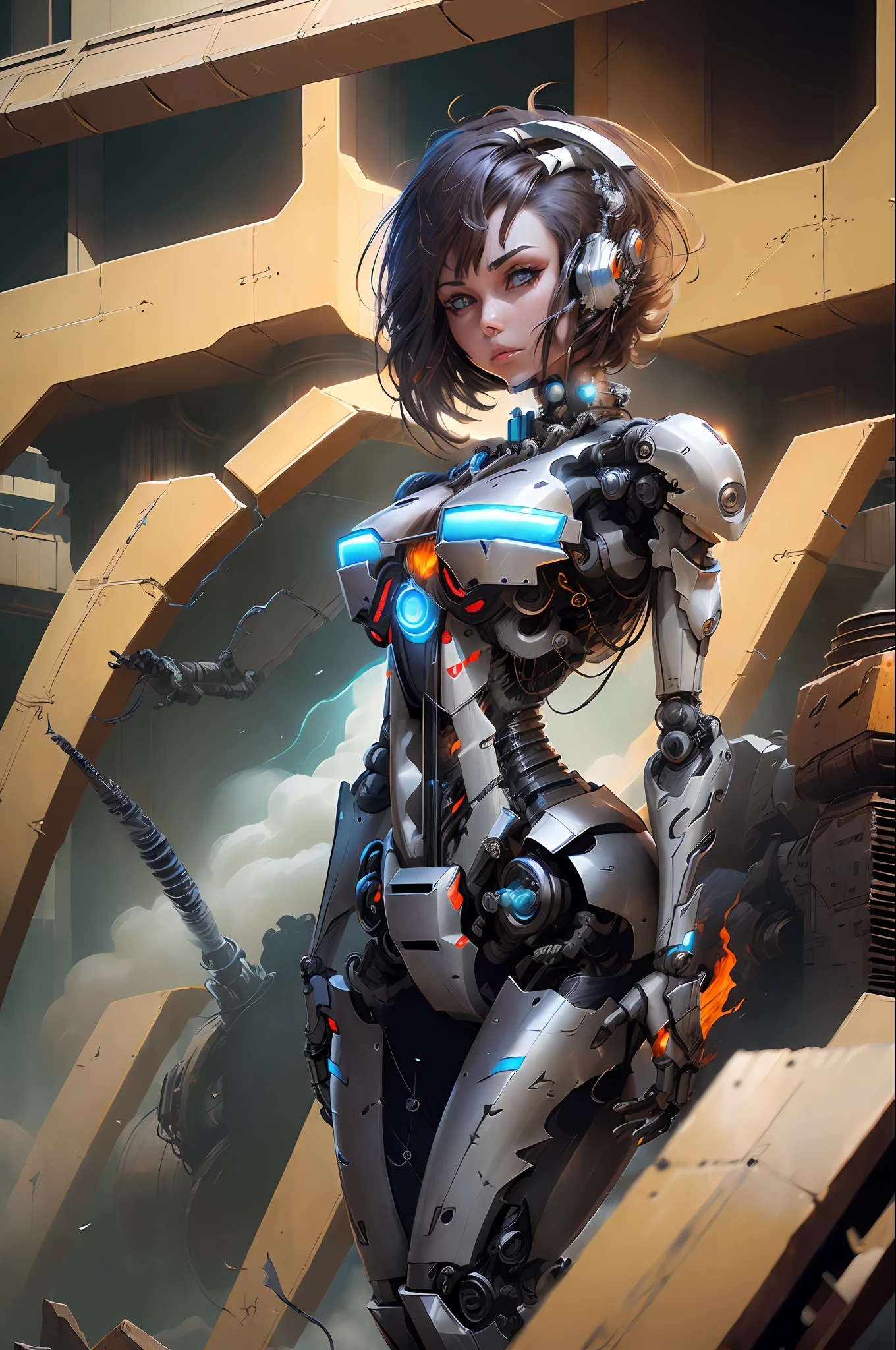 (reelmech:1.5),fighting , glowing eyes, short hair,torn tight supersuit, in a destroyed city, smoke and fire, glowing power aura, dynamic pose, dynamic view