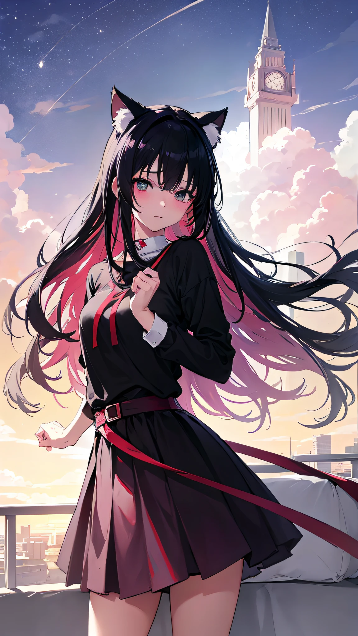 ((Best Quality, 8K)) Anime girl with long hair and cat ears standing in front of the city, Rin Tosaka, anime moe art style, anime style like Fate/stay night, anime girl with long hair, very cute anime girl face, nightcore, from the front line of girls, cute anime girl portrait, anime girl with cat ears, High quality anime art style, "beautiful anime woman"