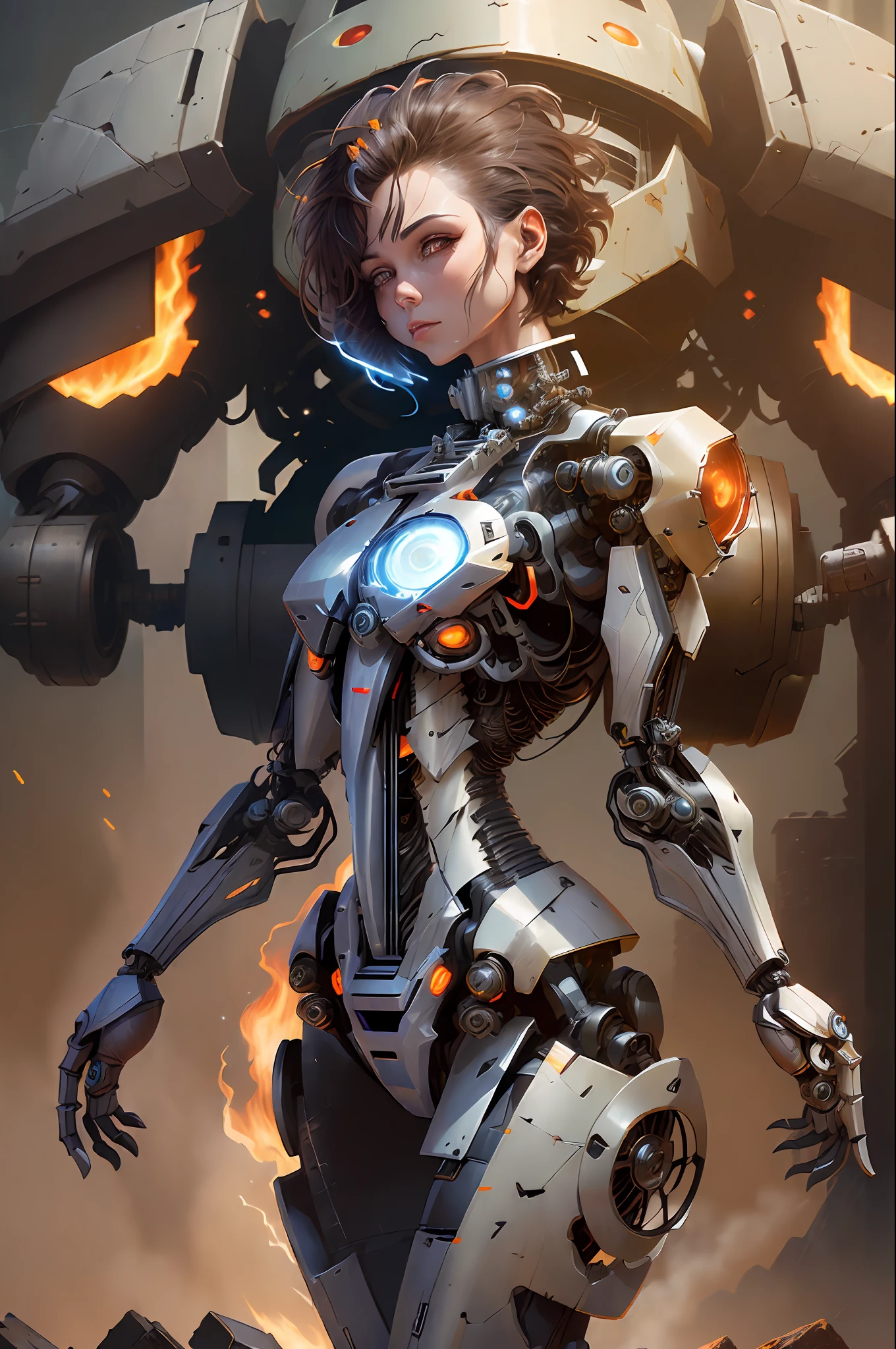 (reelmech:1.5),fighting , glowing eyes, short hair,torn tight supersuit, in a destroyed city, smoke and fire, glowing power aura, dynamic pose, dynamic view