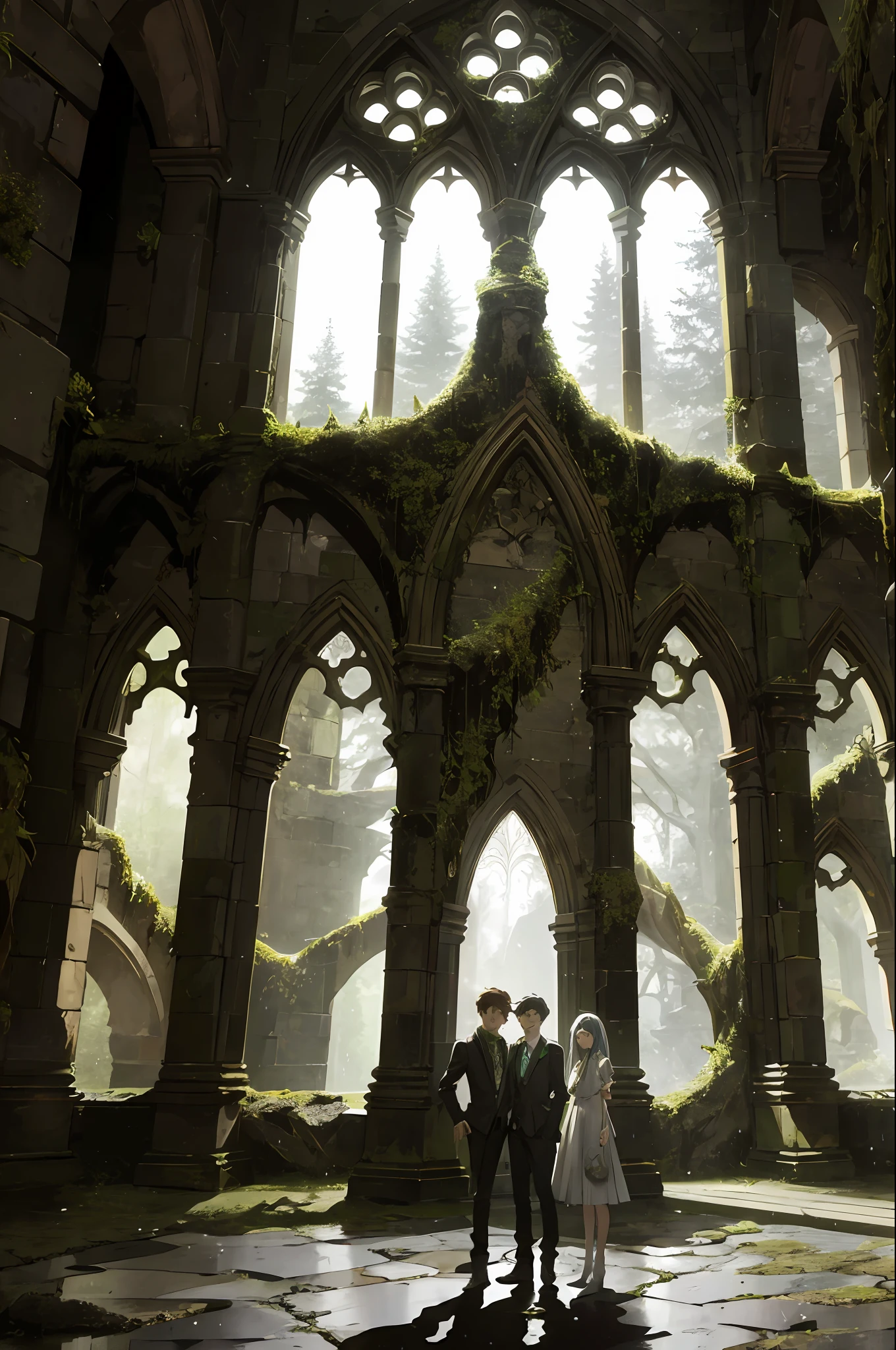 A stone room with Gothic arches and moss-covered walls. In the center, Ariel, Max, and Luna are standing in a magic circle, with lit candles around them. The lighting is dim, with beams of light reflected off the raindrops hitting the windows.