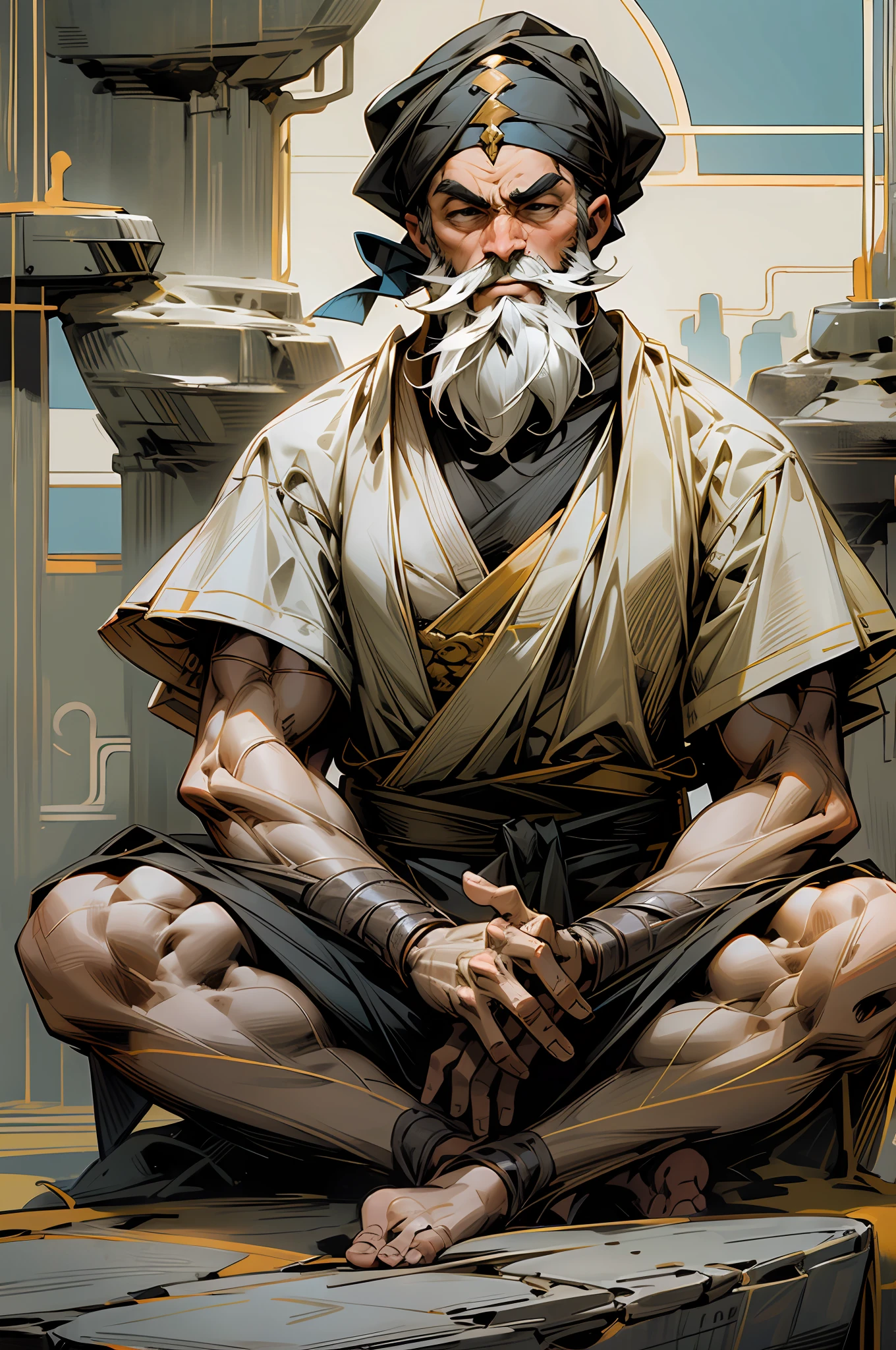 High quality t-shirt sticker,a man, bearded, monk, with turban sitting on a rock meditating, comic style marvel --auto --s2