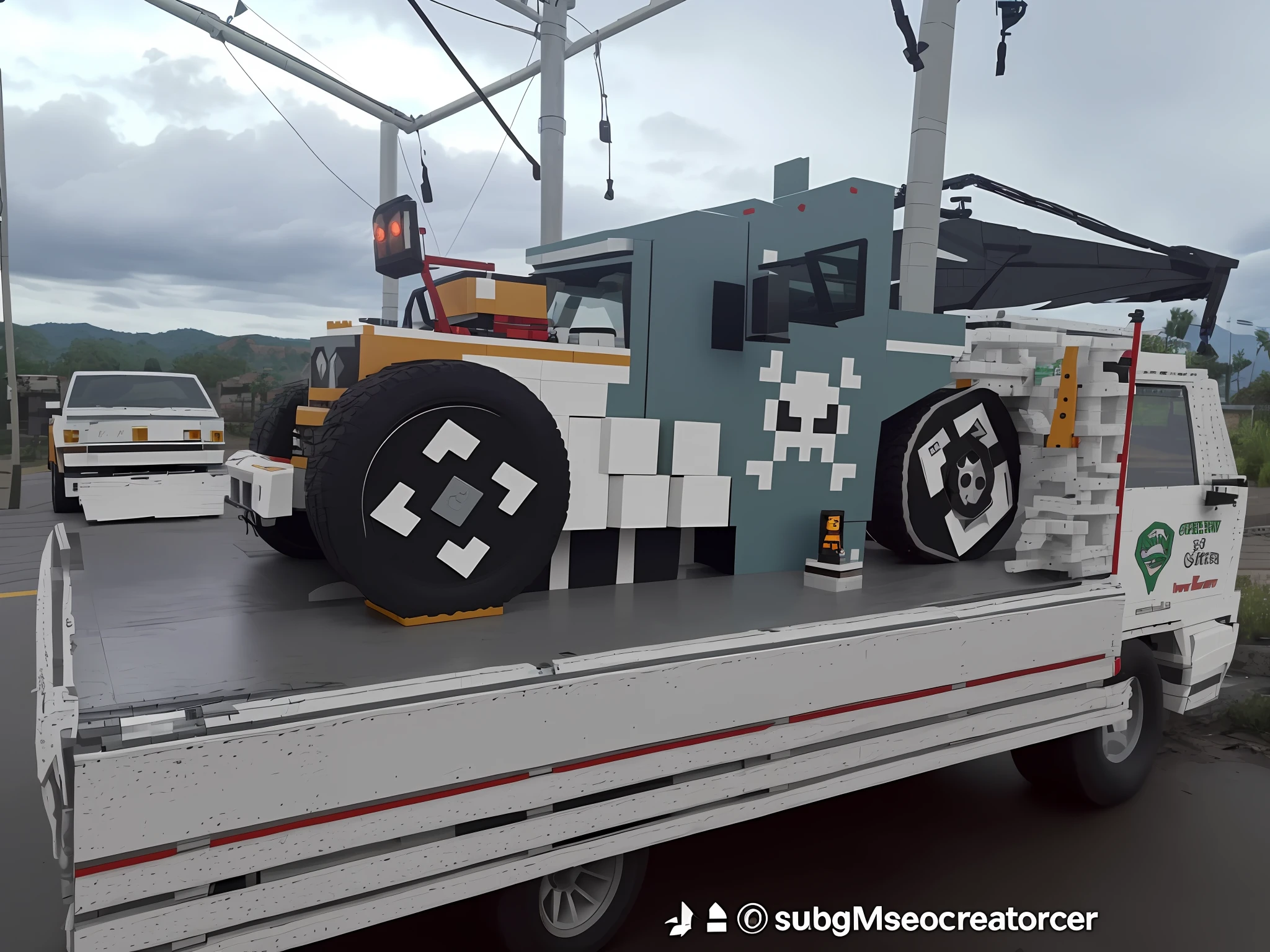 there is a truck with a large tire on the back of it, car made of meat, cybertruck, made of lego, cubo-futurism, cubo - futurism, made of cardboard, made out of legos, robot made of truck parts, sci - fi favela sculpture, racecar, delorean, tesla cybertruck, gigachad in minecraft --auto --s2
