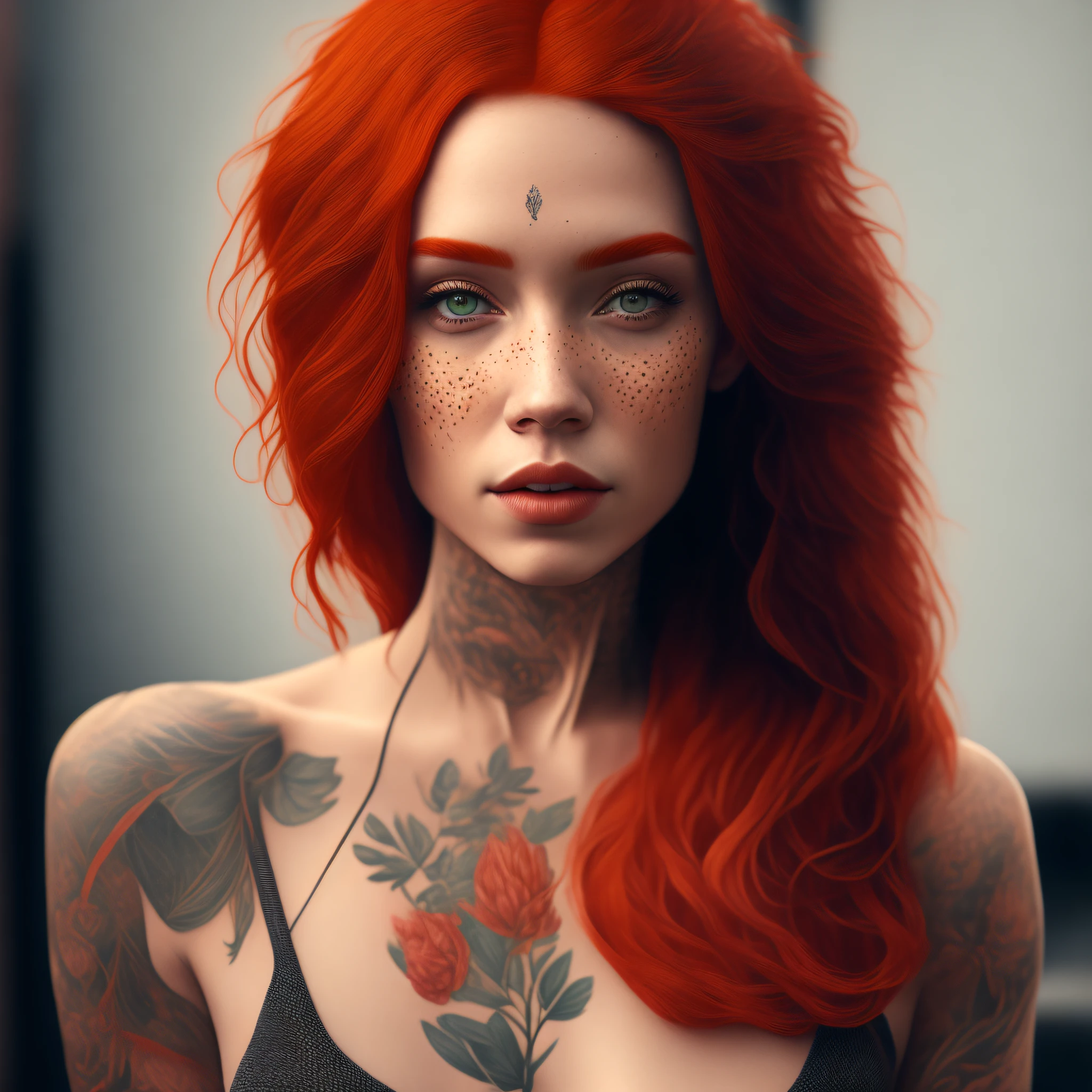 Red-haired woman with tattoagens (((8k))) (((masterpiece))) (((shy))) (((perfect body)))