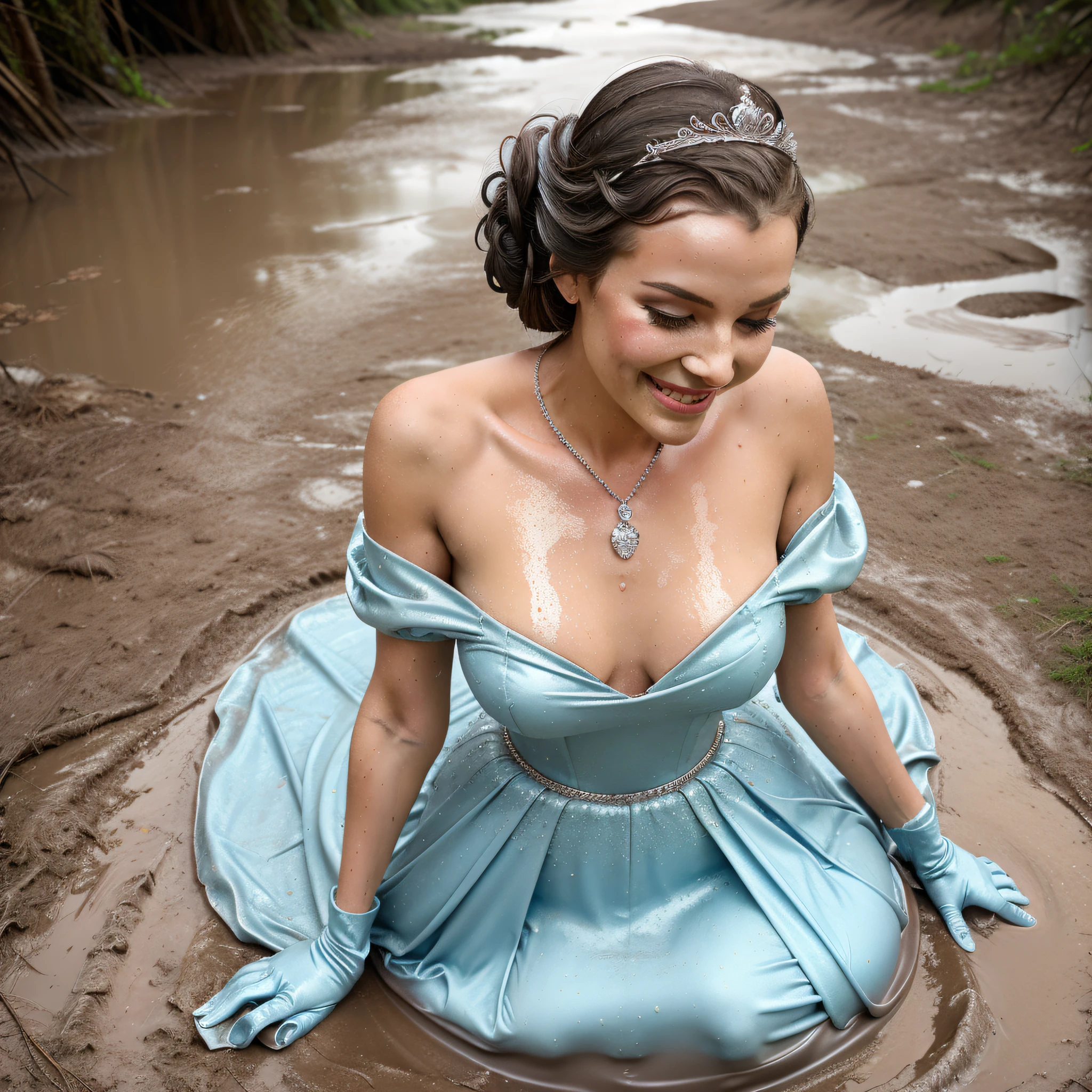 Cinderella eagerly put on the beautiful silver ballgown, slipped on the delicate, long, white gloves and the shimmering silver stilettos, and placed the sparkling tiara atop her immaculate updo. She also adorned herself with the beautiful jewelry. Once she was fully dressed, Cinderella took a deep breath and dove into the mud with abandon. She rolled around in the thick mud, feeling it squish and squelch against her skin and soak into her gown. Now covered in mud, her gown stained and ruined, Cinderella lay back in the puddle, a happy smile on her face.
