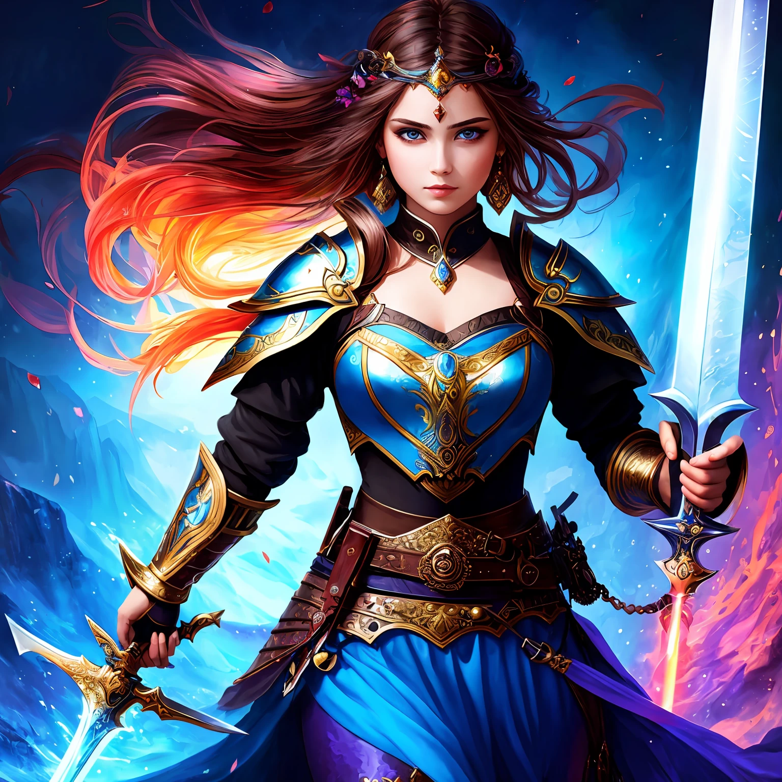 (masterpiece:1.2), (best quality:1.2), perfect eyes, perfect face, perfect lighting, 1girl, warrior holding a sword, warrior skirt, fluid magic, colorful, fantasy, detailed external background