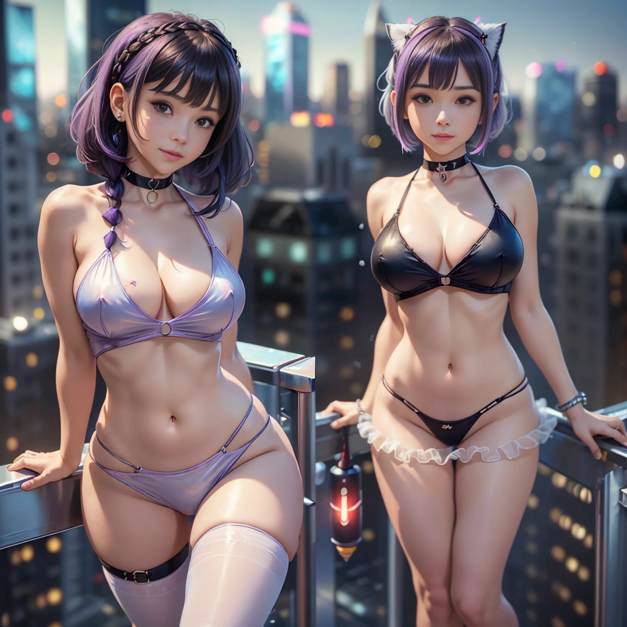 (Smooth look:1.1), (masterpiece:1.4), (hyper realistic:1.4), (a loli girl:1.4), 10 years old, full body shot, Please generate a gravure shot of a woman in a sexy red dress posed leaning against a railing on a rooftop with a night view of the city. Skyscrapers can be seen in the background, (black brown hair Braided Arrangement Short Cut Hair:1.1), floating hair, blunt bangs, cute face, cute black eyes, (medium rocket chest:1.2), 8k resolution, anime series shows that she is naked with a girl in costume and has lots of cleavage and stockings, one girl, solo, jewelry, underwear, breasts, long hair, navel, panties, cover, bell, tail, mouth hold, topless, cat tail, earrings, covering breasts, cover, watch viewer, choker, blush, smile, jingle bells, white panties, ruffles, cyberpunk, cartoon-like, full body, purple hair, woman, night city, evaporated background, blue backlight, sci-fi swimsuit, swimsuit technology, transparent clothes, downtown, body photo, sexy, bob cut hair, gray hair --auto --s2