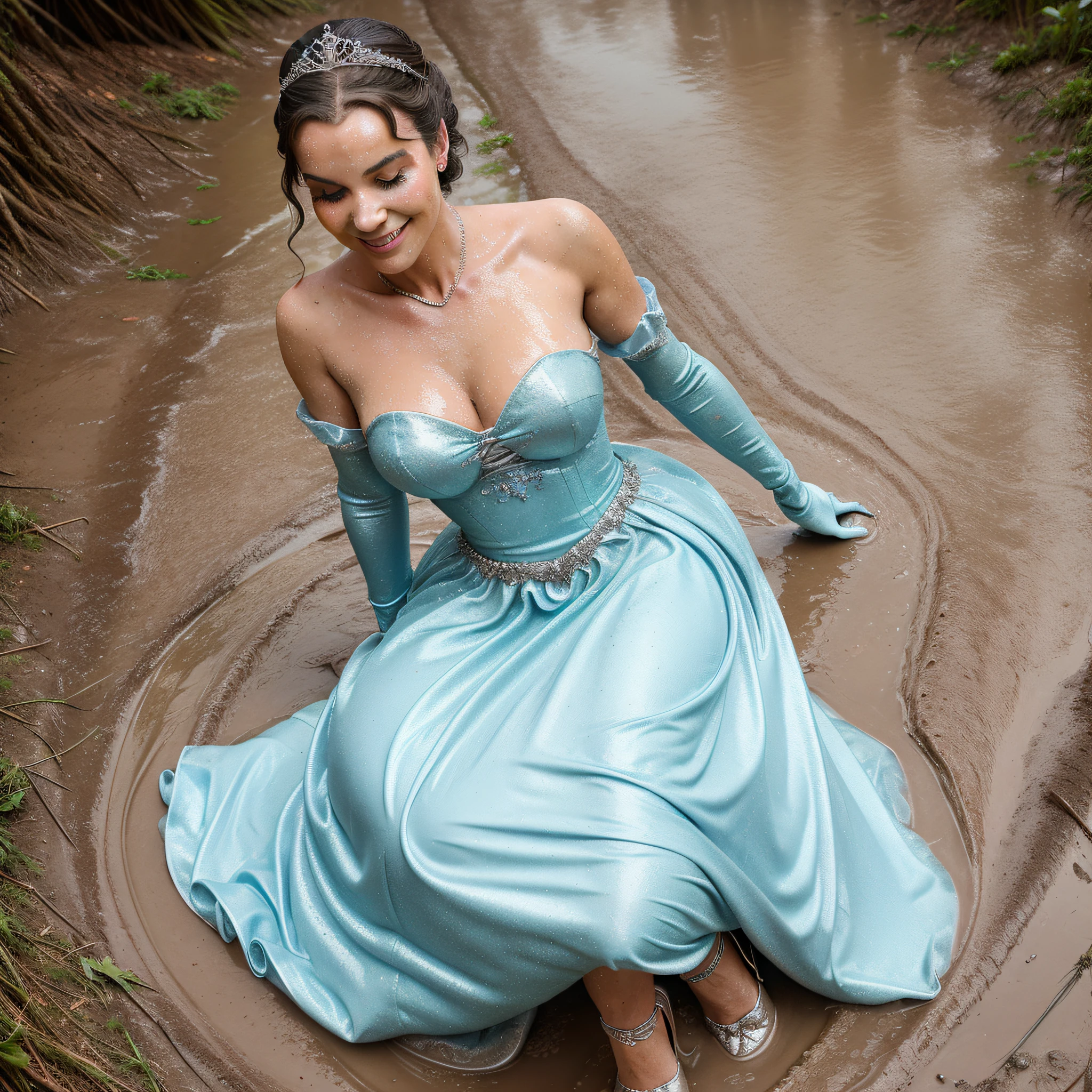 Cinderella eagerly put on the beautiful silver ballgown, slipped on the delicate, long, white gloves and the shimmering silver stilettos, and placed the sparkling tiara atop her immaculate updo. She also adorned herself with the beautiful jewelry. Once she was fully dressed, Cinderella took a deep breath and dove into the mud with abandon. She rolled around in the thick mud, feeling it squish and squelch against her skin and soak into her gown. Now covered in mud, her gown stained and ruined, Cinderella lay back in the puddle, a happy smile on her face.
