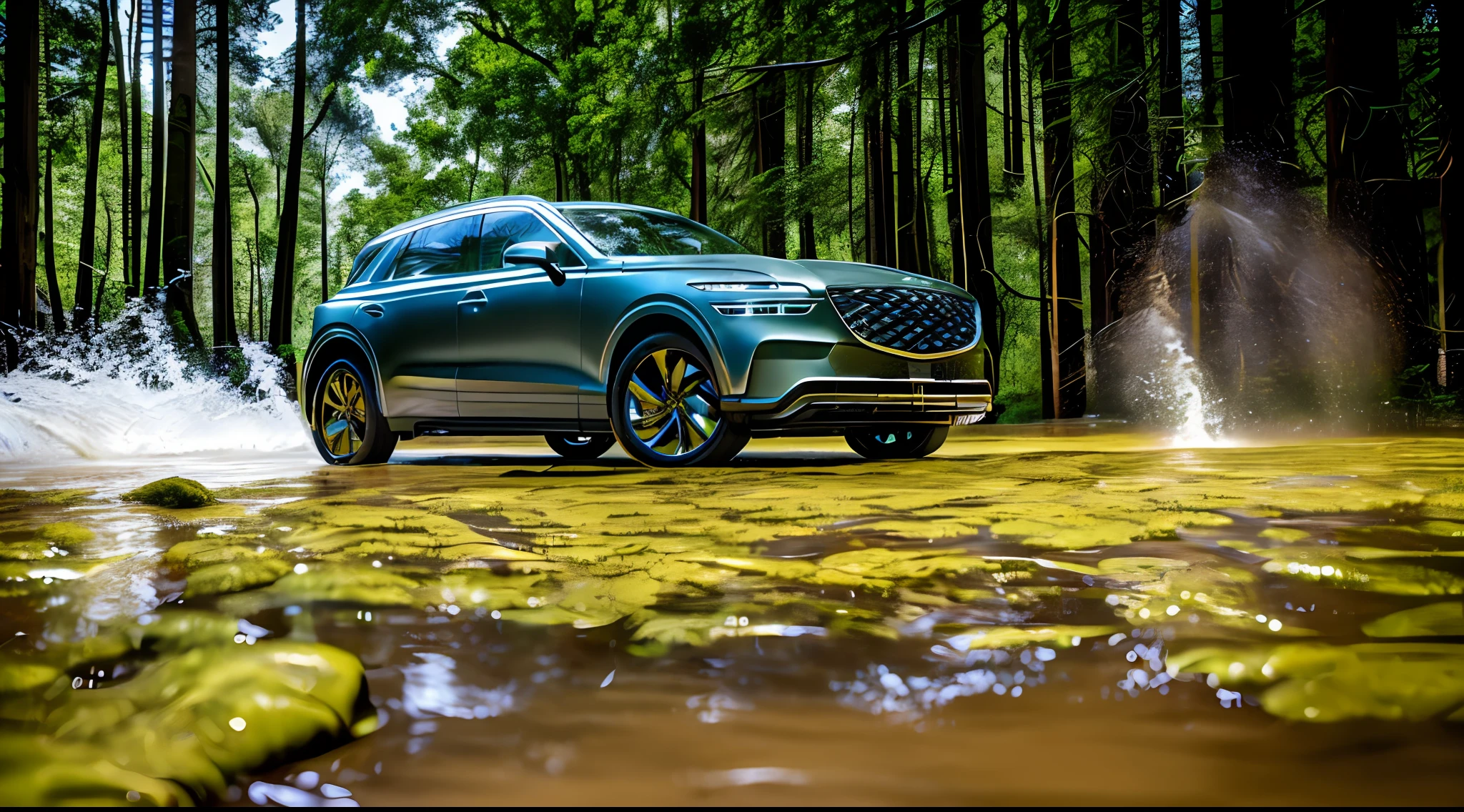 GV70 on mud field of forest, Car, grey GV70, side view, front view, driving, water splashing, photo realistic, RAW photo, no humans,