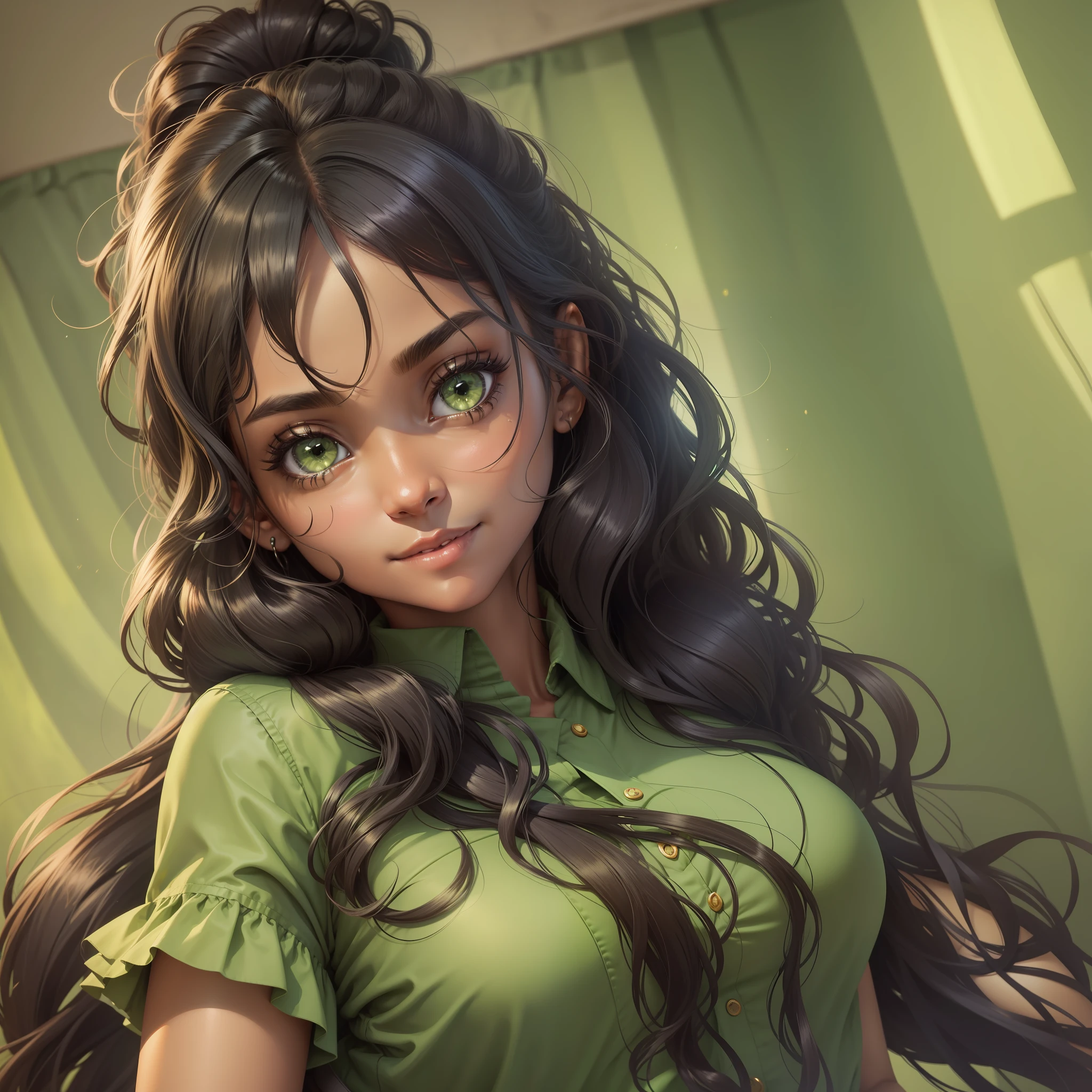 1girl, dark-skinned female, mature female, adult, older, green eyes, highly detailed eyes, wavy hair, ponytail, long hair, black hair, looking at viewer, facing viewer, light smile, soft expression, green shirt