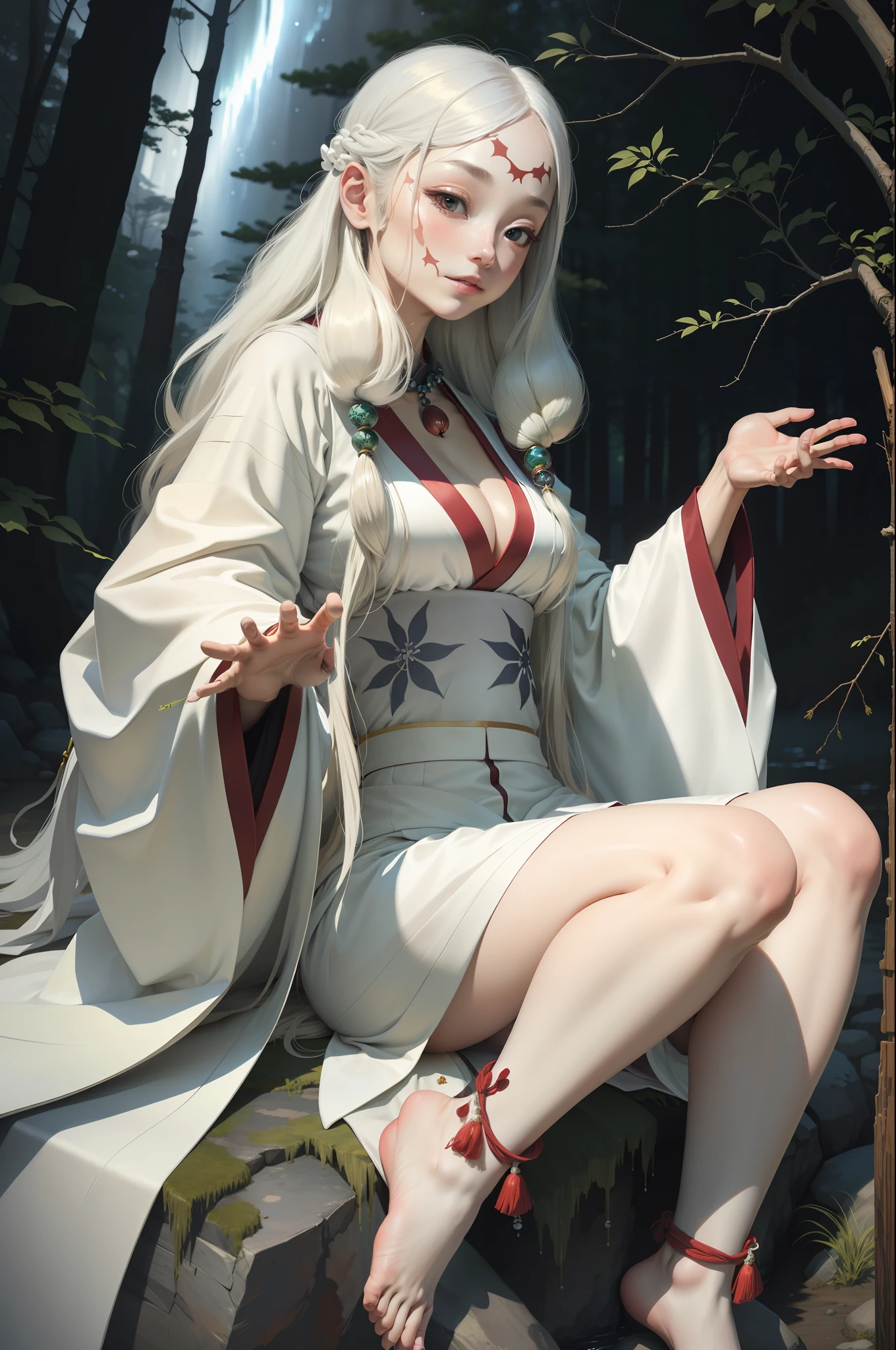 masterpiece, best quality, MTSpiderV4, 1girl, solo, white skin, long hair, breasts, beads, japanese clothes, ((white kimono)), silk, stone, forest, aurora borealis, spider web,