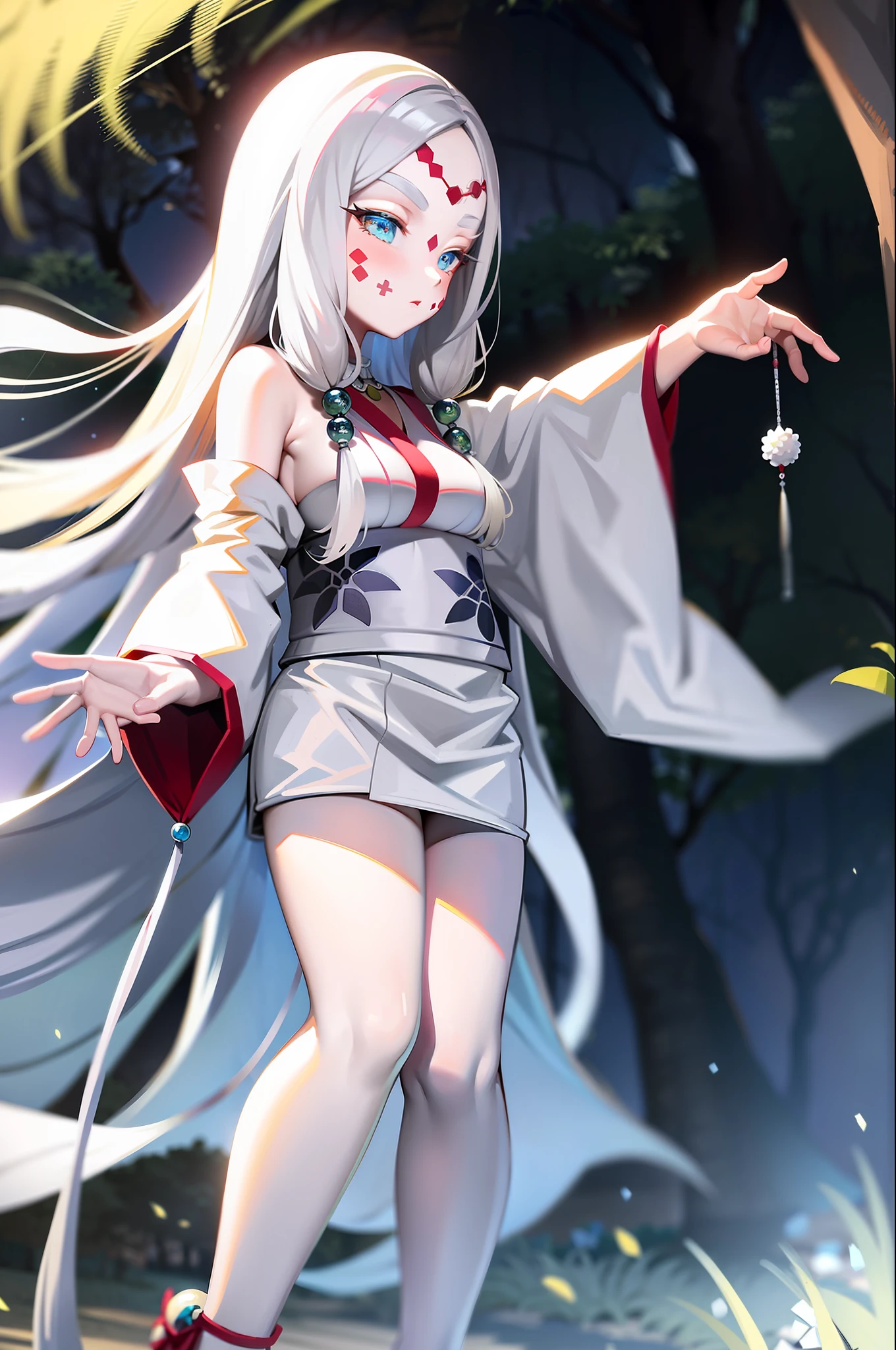 masterpiece, best quality, MTSpiderV4, 1girl, solo, white skin, long hair, breasts, beads, japanese clothes, ((white kimono)), silk, stone, forest, aurora borealis, spider web,