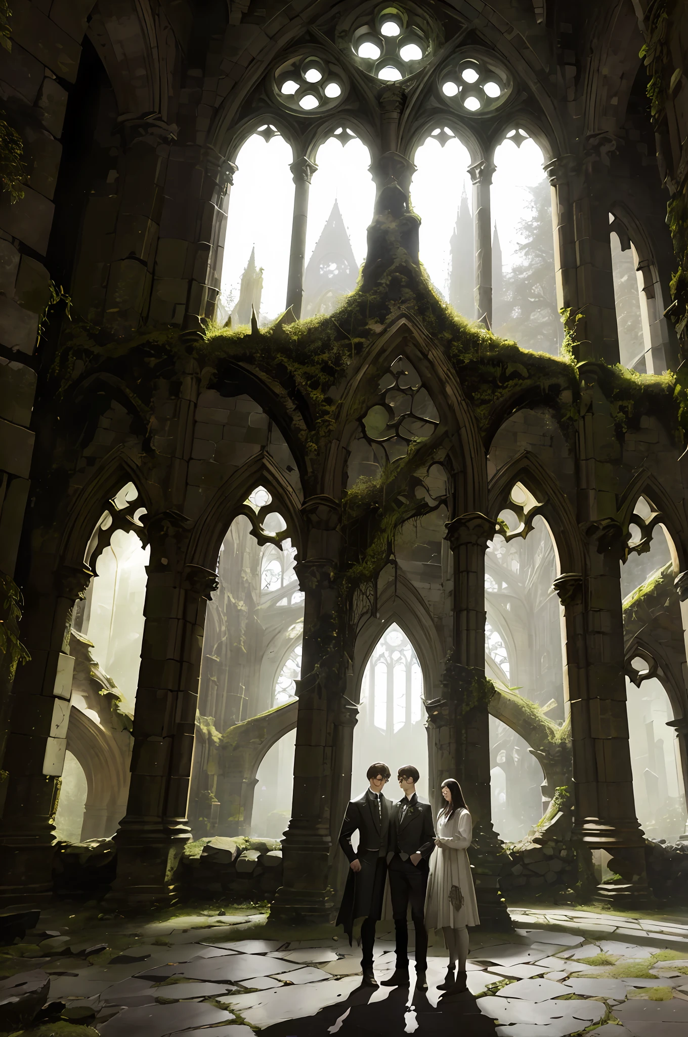 there are three people standing in a large building with a stone floor, neo-Gothic concept, an ecological Gothic Gothic scene, Gothic epic library concept, covered ancient magical ruins, stunning arcane scenery, inside a dystopian Gothic, inspired by Raphael Lacoste, beautiful rendering of a fairy tale, mossy ruins, Harry Potter art, ruined Gothic cathedral