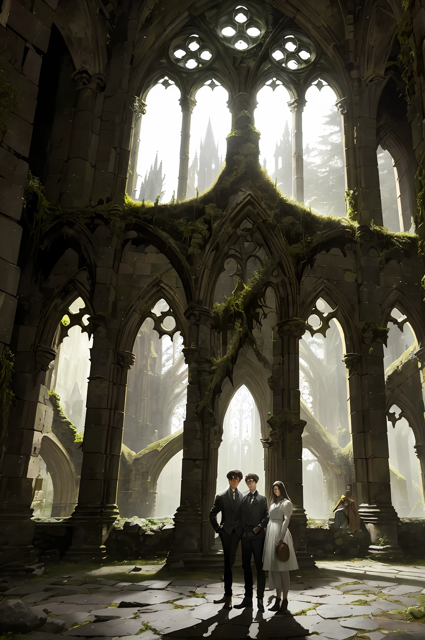 there are three people standing in a large building with a stone floor, neo-Gothic concept, an ecological Gothic Gothic scene, Gothic epic library concept, covered ancient magical ruins, stunning arcane scenery, inside a dystopian Gothic, inspired by Raphael Lacoste, beautiful rendering of a fairy tale, mossy ruins, Harry Potter art, ruined Gothic cathedral