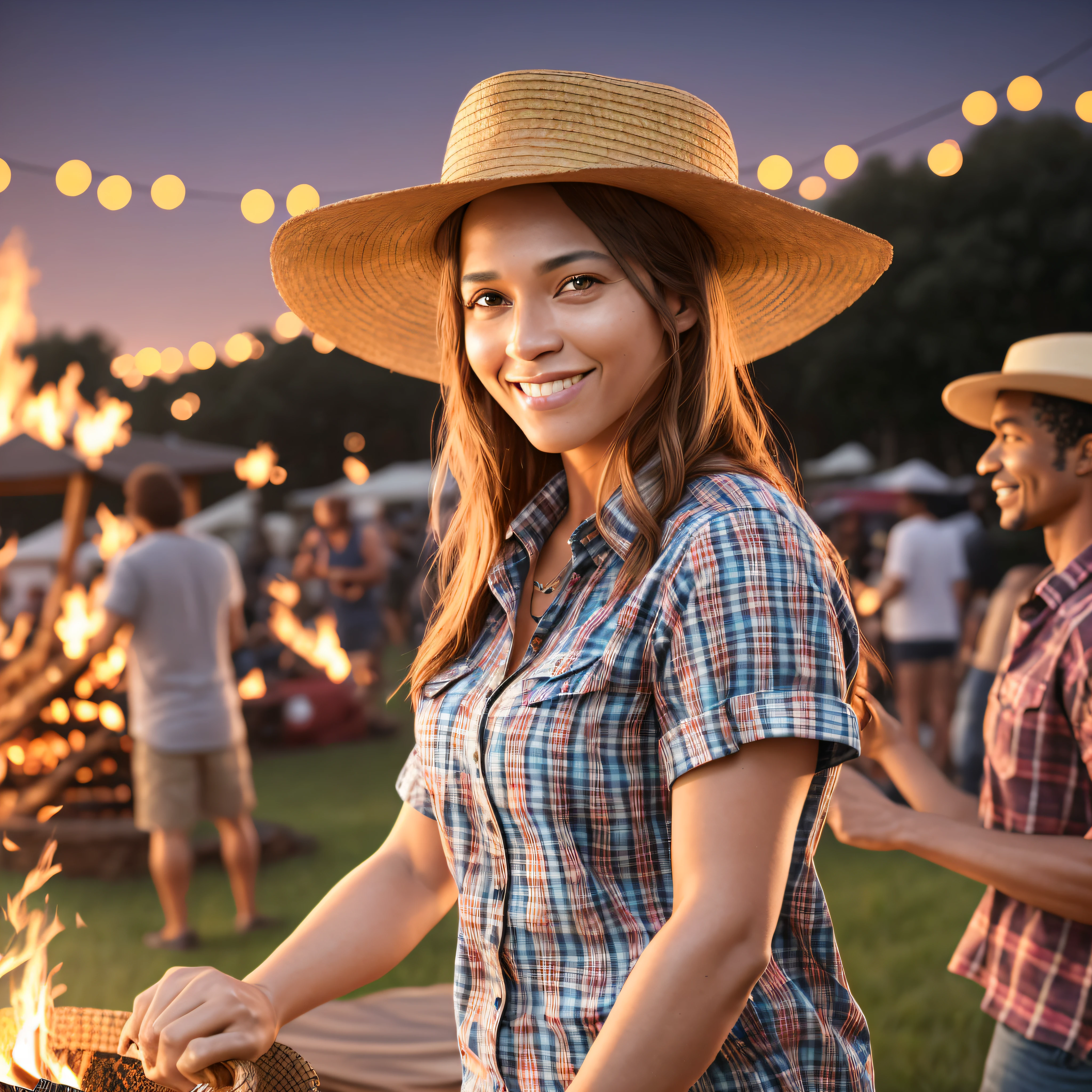 8k, ultra realistic photo, attractive, highly detailed, a 40-year-old black man smiling in the foreground, June party, wearing a straw hat and plaid shirt, bonfire in the background, cinematic scene, rendering, dramatic lighting, award-winning quality --auto --s2