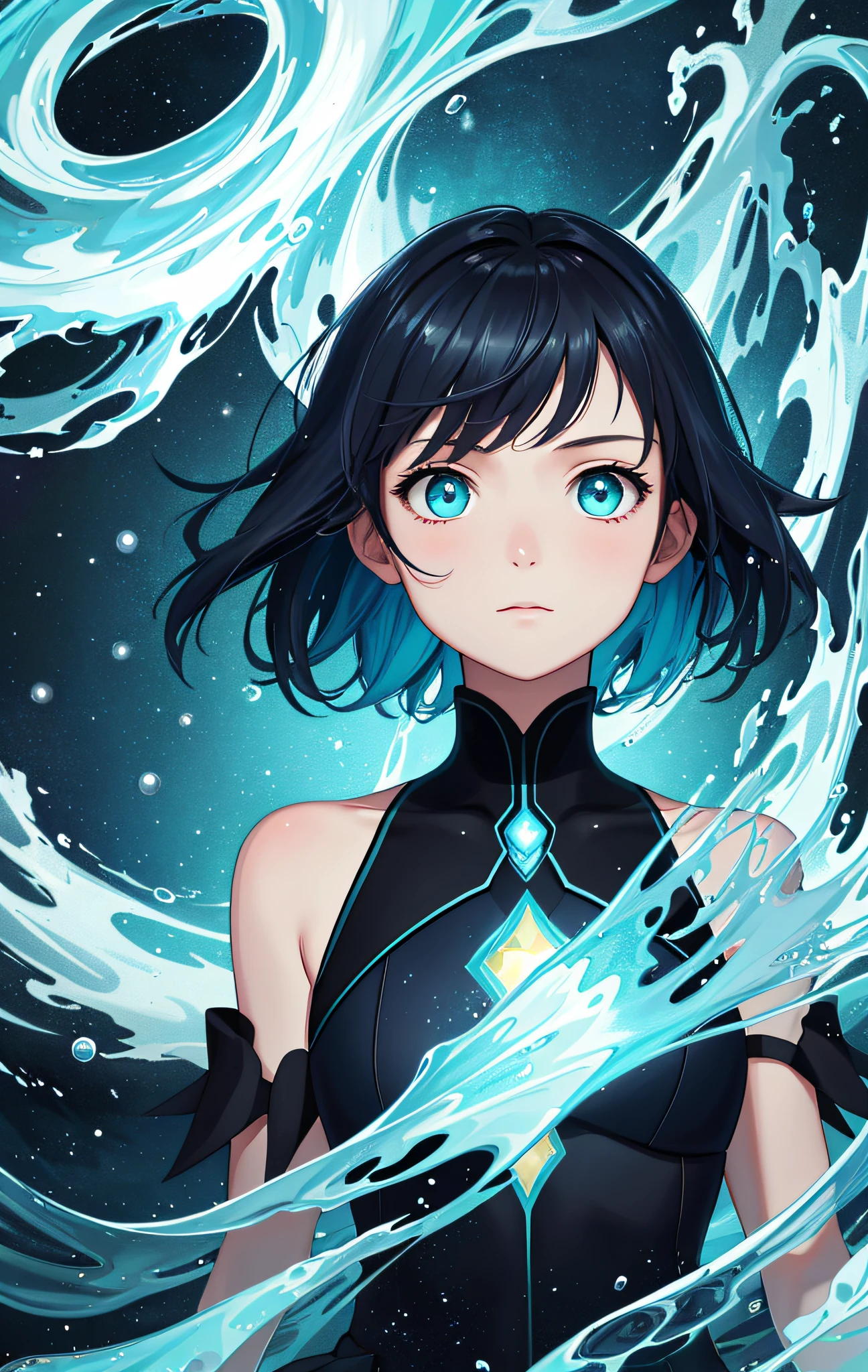 (best quality, masterpiece), 1girl, particle, water currents, upper body, simple dark background, looking at viewer, cyan short hair, galaxy
