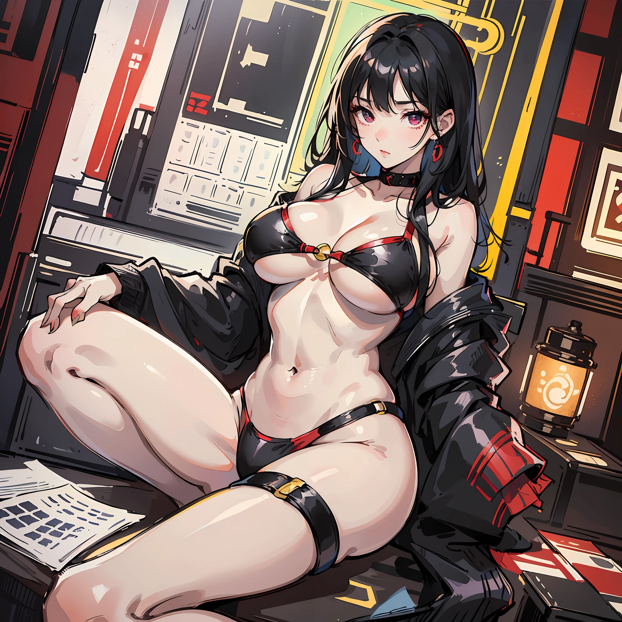Masterpiece, high quality, Sexy woman, sexy pose, 1:3 large breasts, drawing style, thick strokes, marked stroke, imperfect stroke, loose stroke, camera up to knee height, black hair, red bikini, detailed eyes --auto --s2