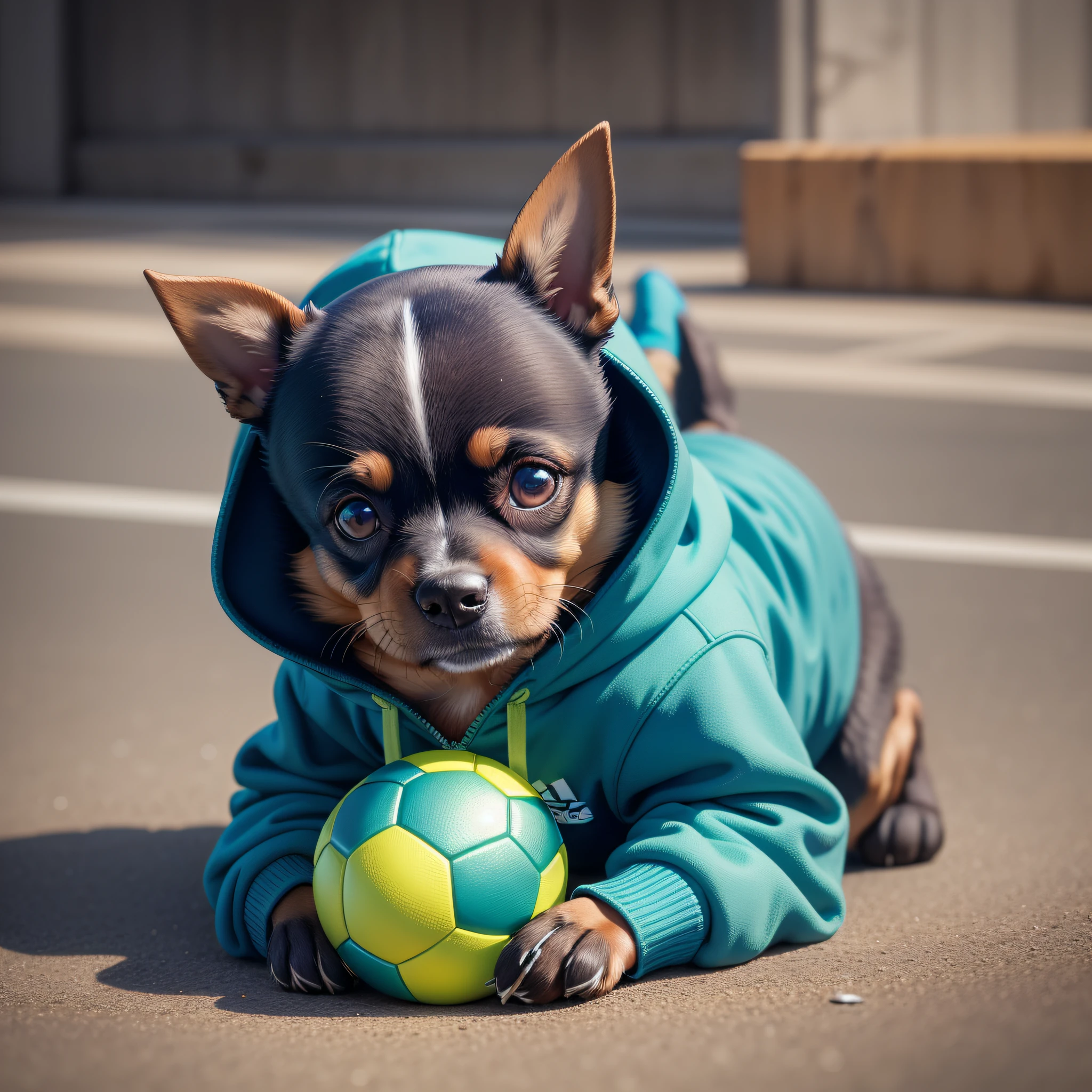 There is a small dog that is lying on the ground with a ball, wearing a jumpsuit, with a hoodie, Russian toy terrier breed, a cute, wearing a sweater, with teal clothes, very cute, holding a ball, in an Adidas track suit, wearing a blue sweatshirt, small dog, masterpiece, 8k, high resolution, higher texture, --v6