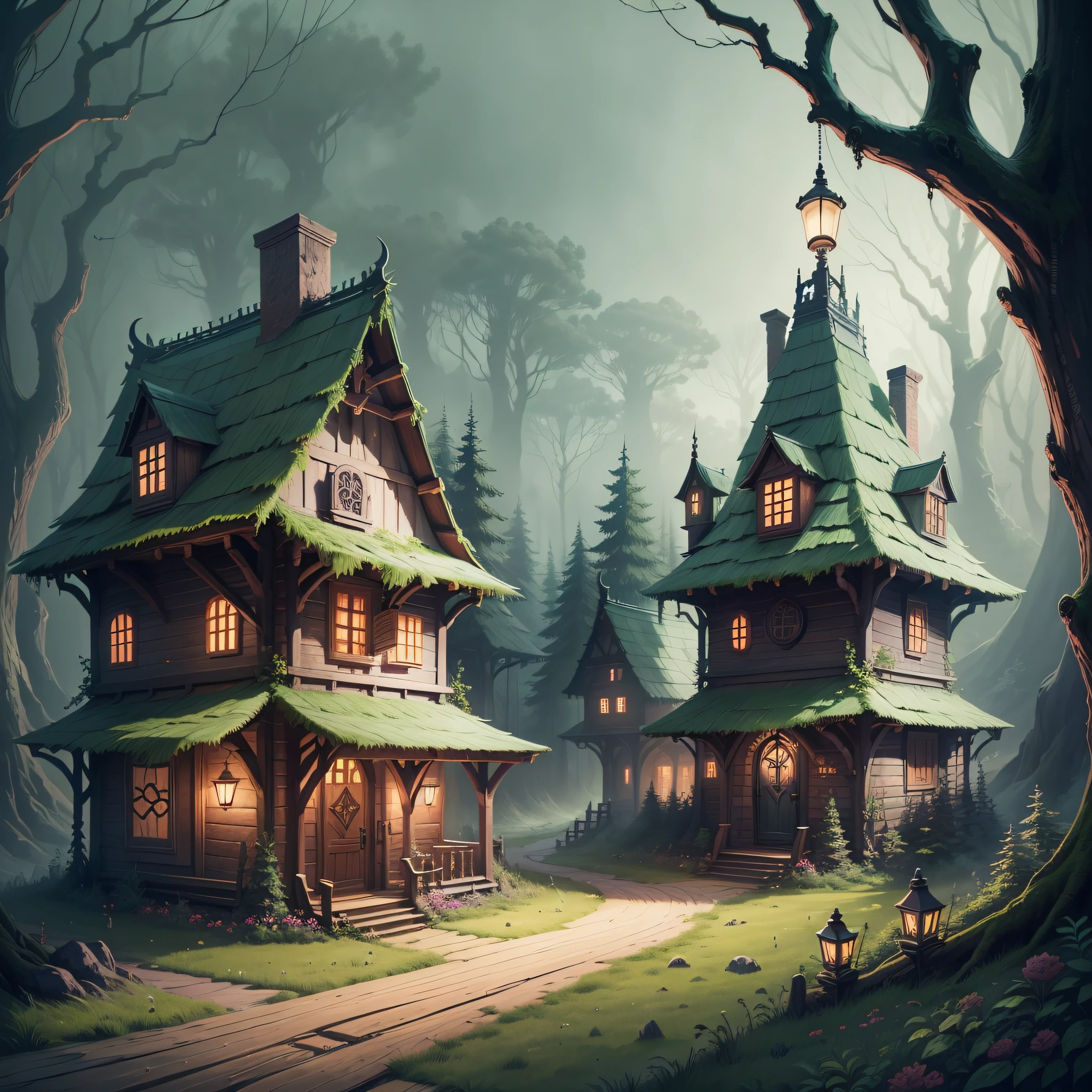 A kingdom where werewolves live in a dark and gloomy forest. The houses are wooden and have a simple structure with plenty of vegetation around it as if the kingdom were hidden in the forest. Each house is lit by a lamp that sits in front of each door. --auto --s2