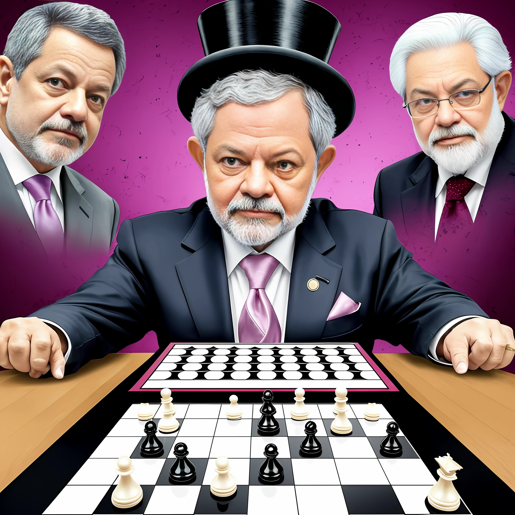 "President Lula in the center of the scene with pink suit, no other person" President Lula of Brazil in a realistic and humanized pose, adding a well harmonized top hat to complete the costume, (Harmonize Lula's body with the appearance of a 73-year-old man) show his well-defined left hand with 4 fingers, missing the pinky finger and the right hand with 5 normal being so Lula will present 9 fingers 4 in the left hand and 5 on the right, the scene is composed only by President Lula of Pinocchioa cosplay, "in front of you on a chessboard with the white and black pieces in their original positions abuleiro 8x8", "create the negative prompt, with perfection in a meticulous way"
