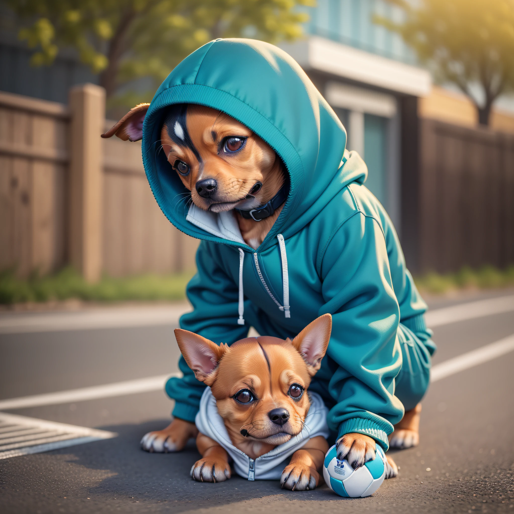 There is a small dog that is lying on the ground with a ball, wearing a jumpsuit, with a hoodie, pinscher breed, a cute, wearing a sweater, with teal clothes, very cute, holding a ball, in an Adidas track suit, wearing a blue sweatshirt, small dog, masterpiece, 8k, high resolution, higher texture, --v6