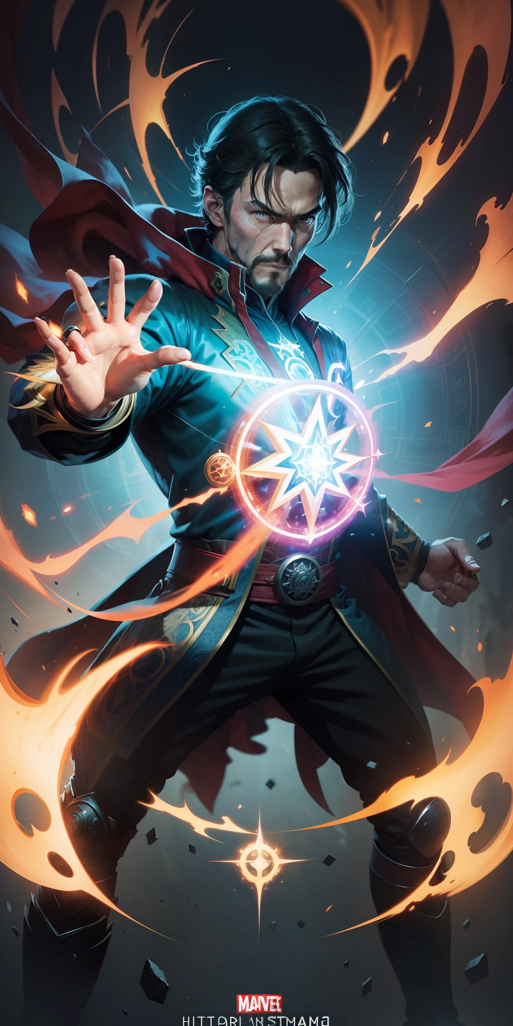 Masterpiece,best illustration, ultra resolution, beautiful, illustration masterpiece,Doctor Strange,fight pose, holograms in your hands, Marvel style studios