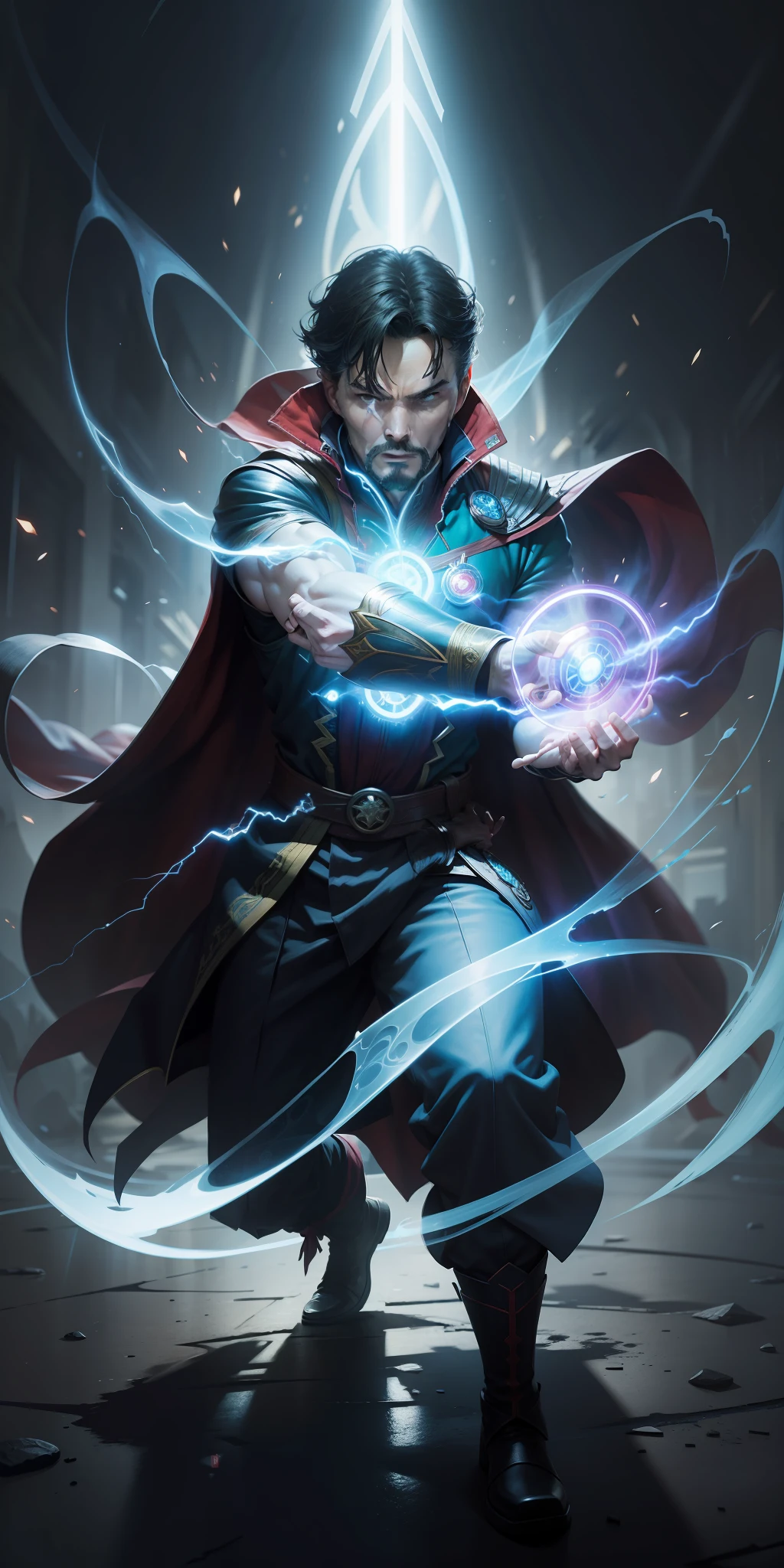 Masterpiece,best illustration, ultra resolution, beautiful, illustration masterpiece,Doctor Strange,fight pose, holograms in your hands, Marvel style studios