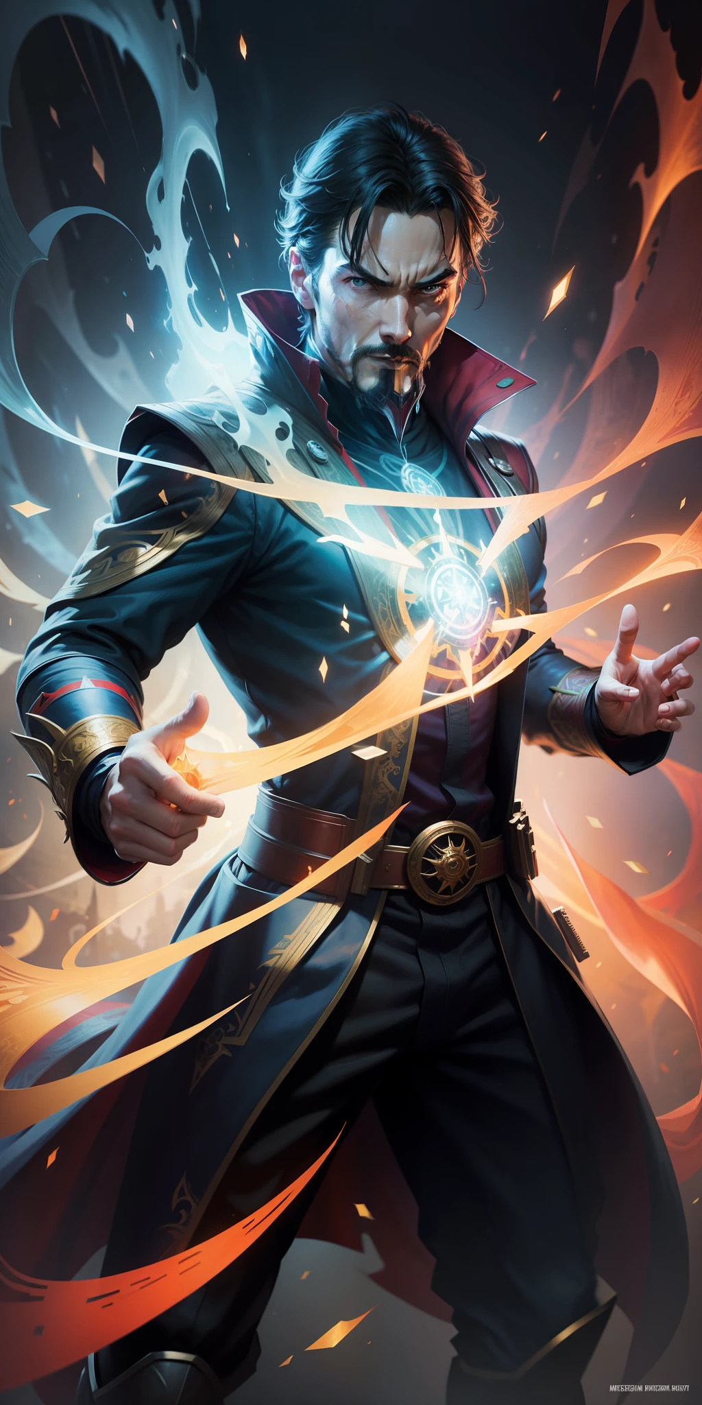 Masterpiece,best illustration, ultra resolution, beautiful, illustration masterpiece,Doctor Strange,fight pose, holograms in your hands, Marvel style studios