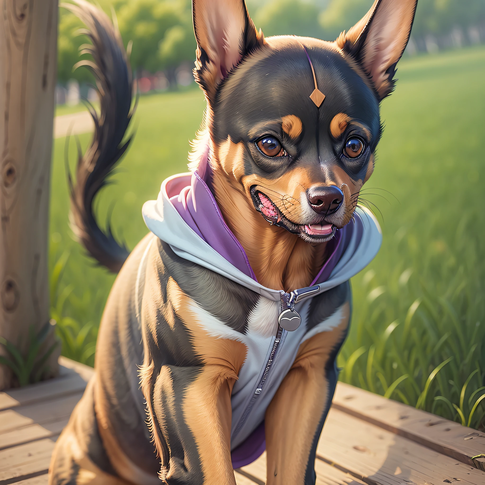 Realistic smiling Pinscher who loves his clothes! With her short coat, she's even cuter when she's dressed. Her tail wags with glee as she runs and plays, showing off her unique style. --auto --s2