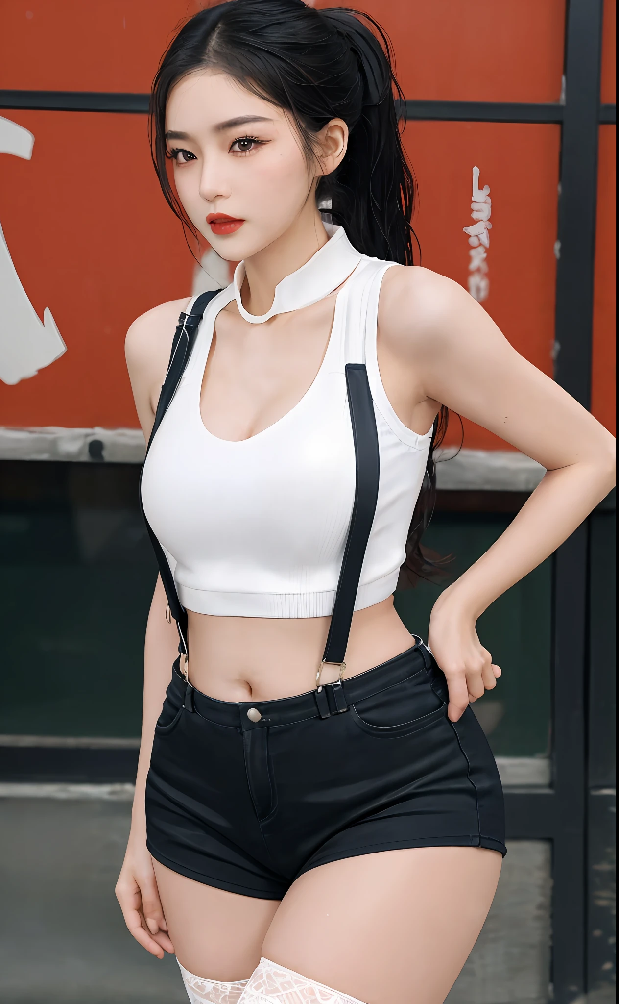 (masterpiece, realistic, high resolution), ((1 girl): 1.2), Korean, ((white wavy hair): 1.3), (heterochromic eyes: 1.1, thick eyebrows,), (medium breasts: 1.2, small waist, thighs), catwalk walk, masterpiece: 1.2, best quality), realism, (real pictures, rich detail details, depth of field), (1 girl, solo), makeup, high detail, perfect face shape, (: 1.4), (skin dents), thick thighs, wide hips, thin waist, high, coral, red lips, red eyes, ponytail, (sweat: 1.2), (wet), sexy, blush, (shy expression),  Vests, suspenders, belly pockets, stockings, fishnet socks,