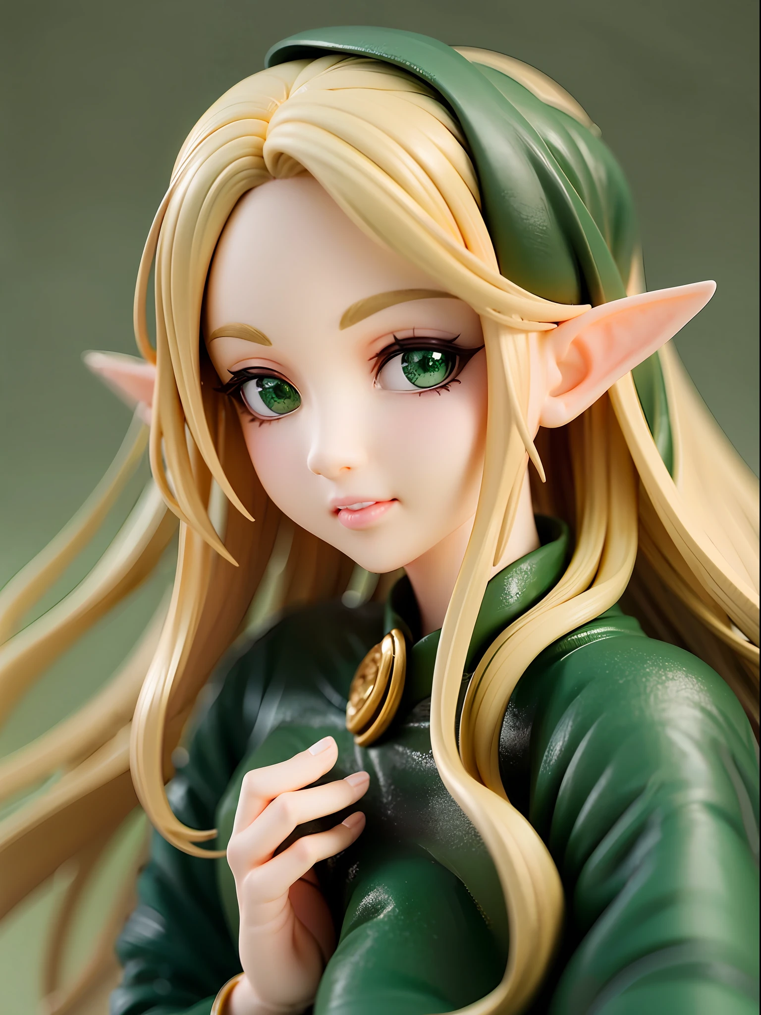 Emerald green, brown, elf girl, gentle and graceful face, wearing traditional elf costume, green and brown, leaf patterns, blonde long wavy hair, beautiful emerald green eyes, closed mouth, posing with a bow, deep forest background,