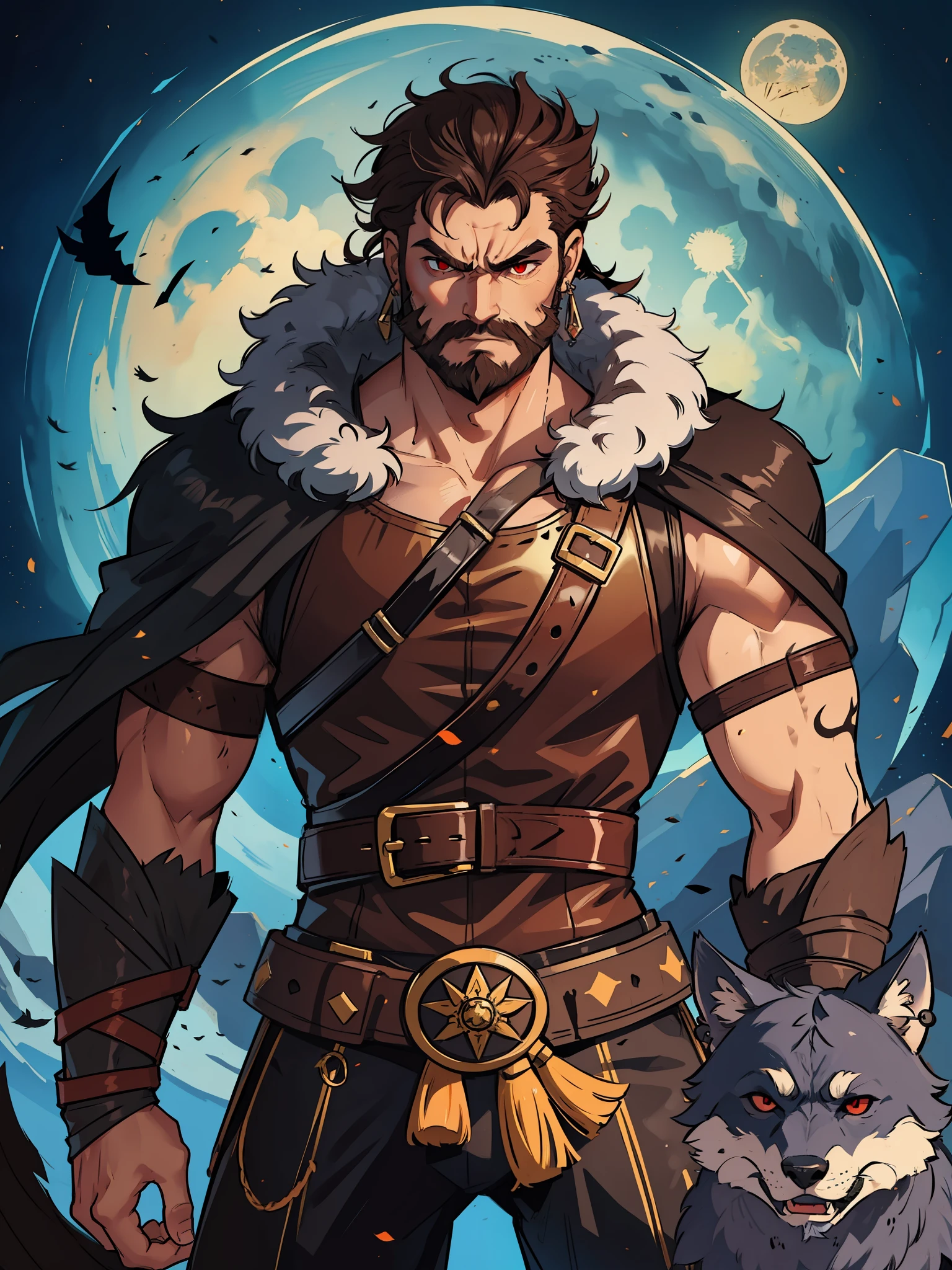 A man, a manly savage barbarian warrior who has red eyes and very dark brown hair of medium length at the height of the neck and wears dandelion earrings, he has a defined beard and a menacing look;
